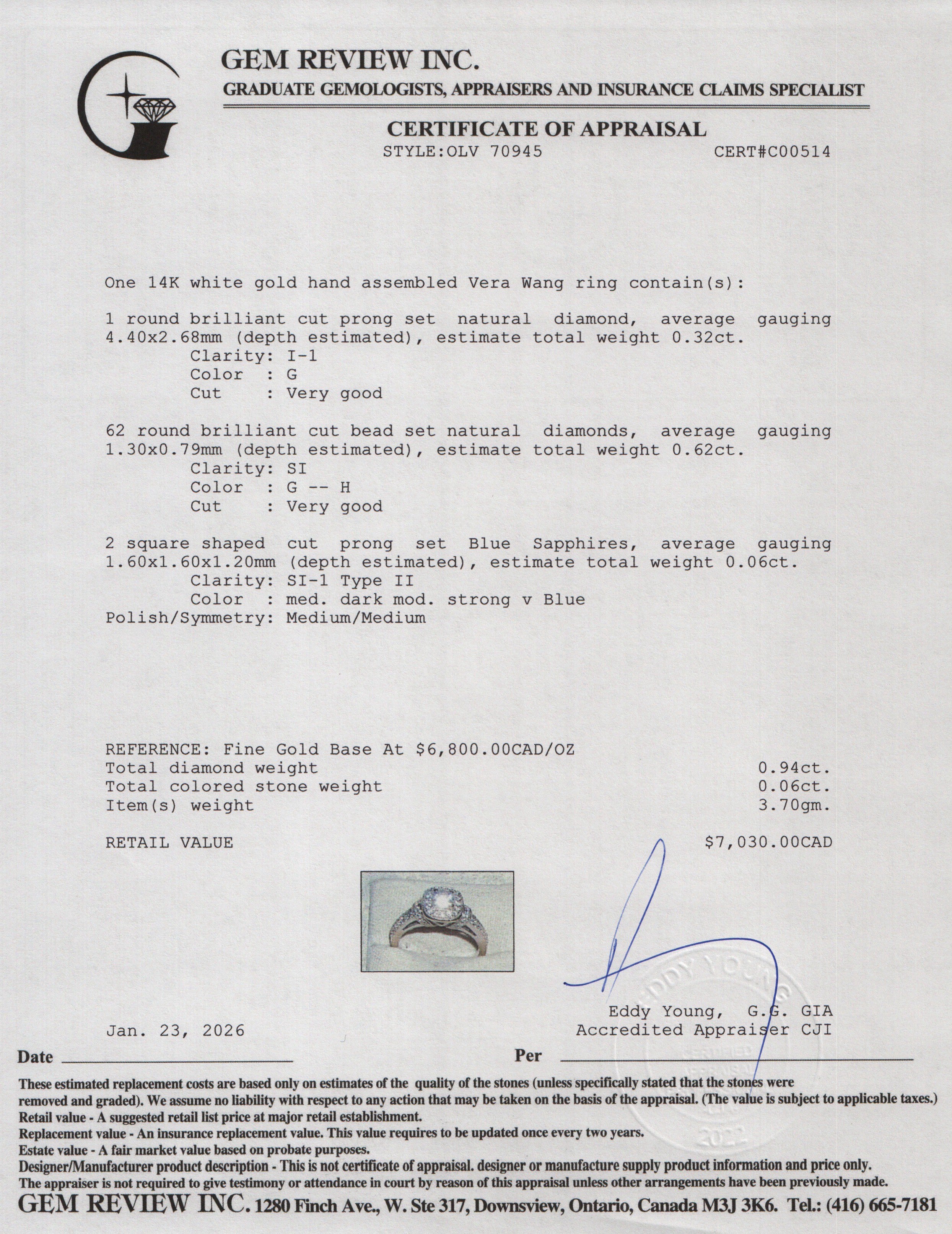 Vera Wang 14k White Gold Love Diamond Engagement Ring, Size 5 w/ Box