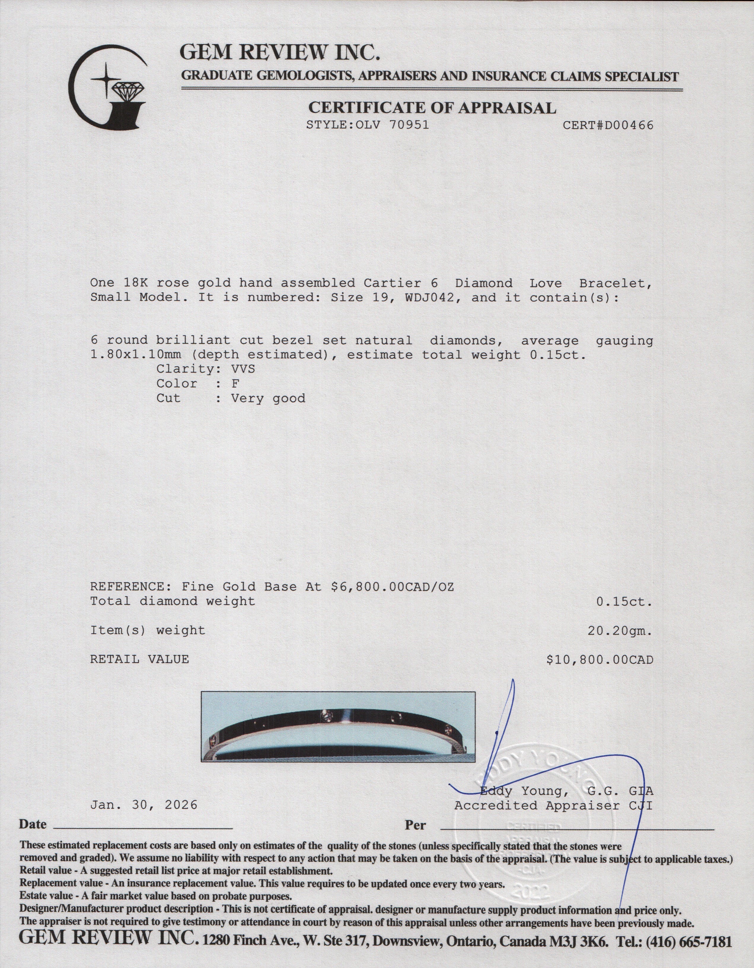 Cartier 2024 18k Rose Gold 6 Diamond Love Bracelet, Small Model, Size 19 w/ Box & Certificate