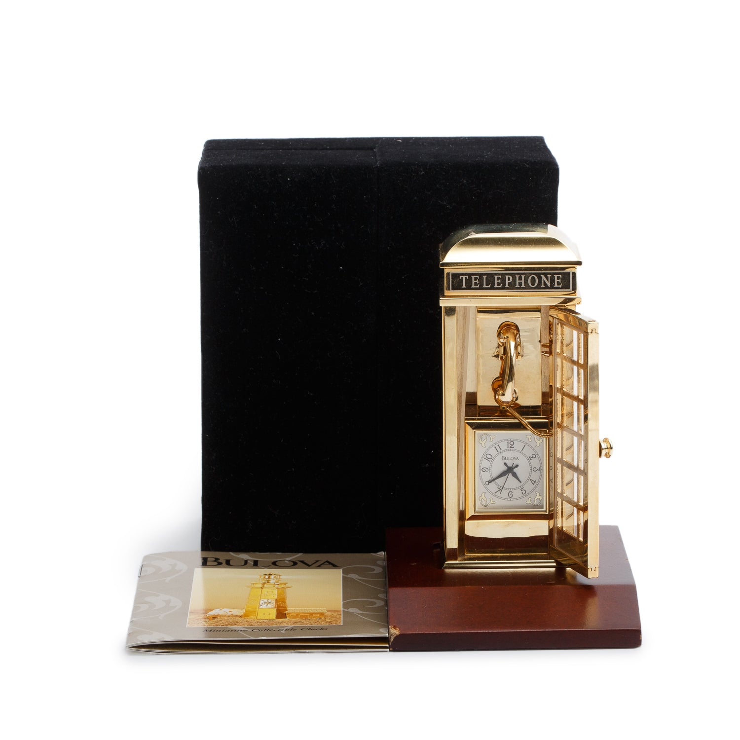 Bulova Limited Edition Gold Plated Brass Miniature British Phone Booth Desk Clock w/ Box & Papers