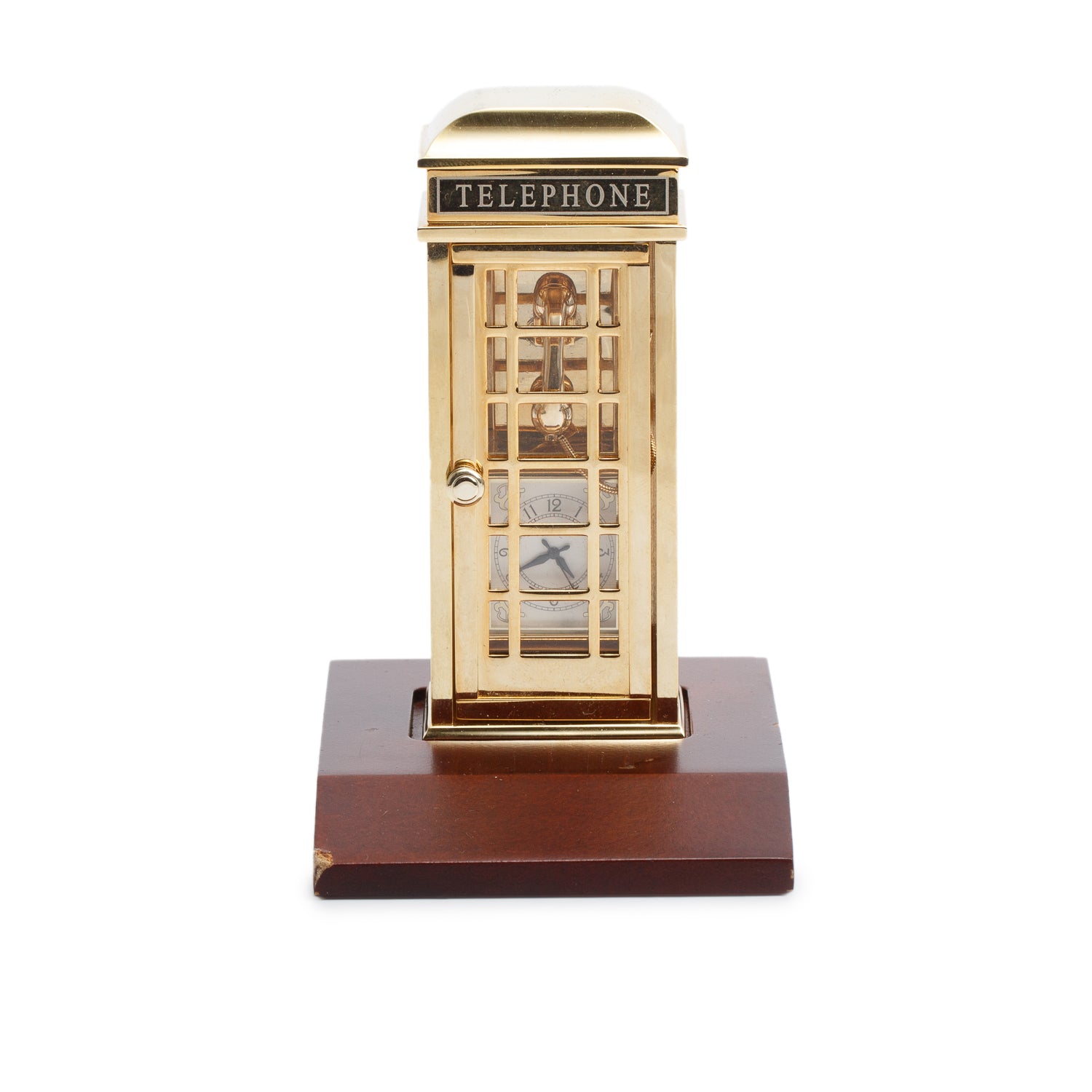 Bulova Limited Edition Gold Plated Brass Miniature British Phone Booth Desk Clock w/ Box & Papers