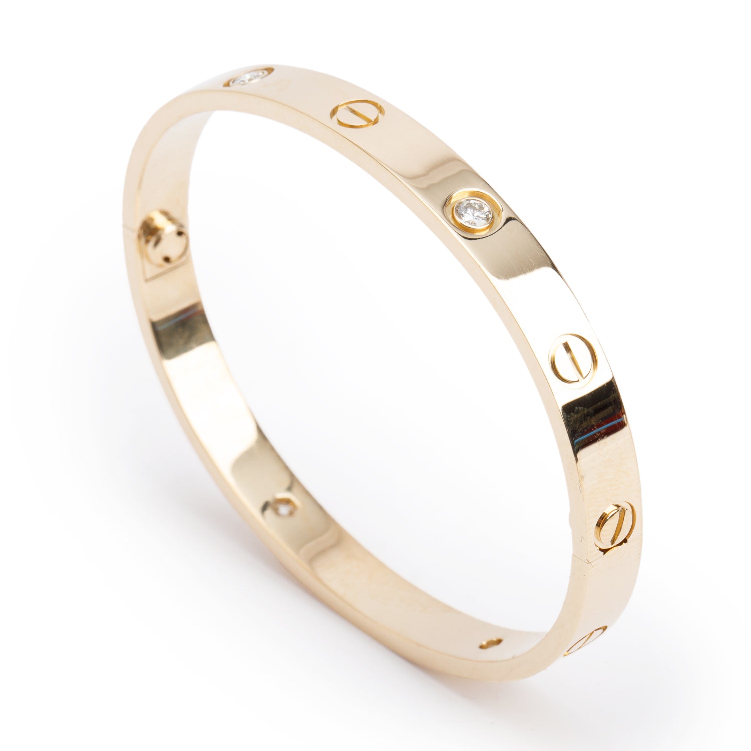 Cartier 18k Yellow Gold Love Bracelet with 4 Diamonds, Classic Model Size 17 w/ Box, Receipt & Certificate