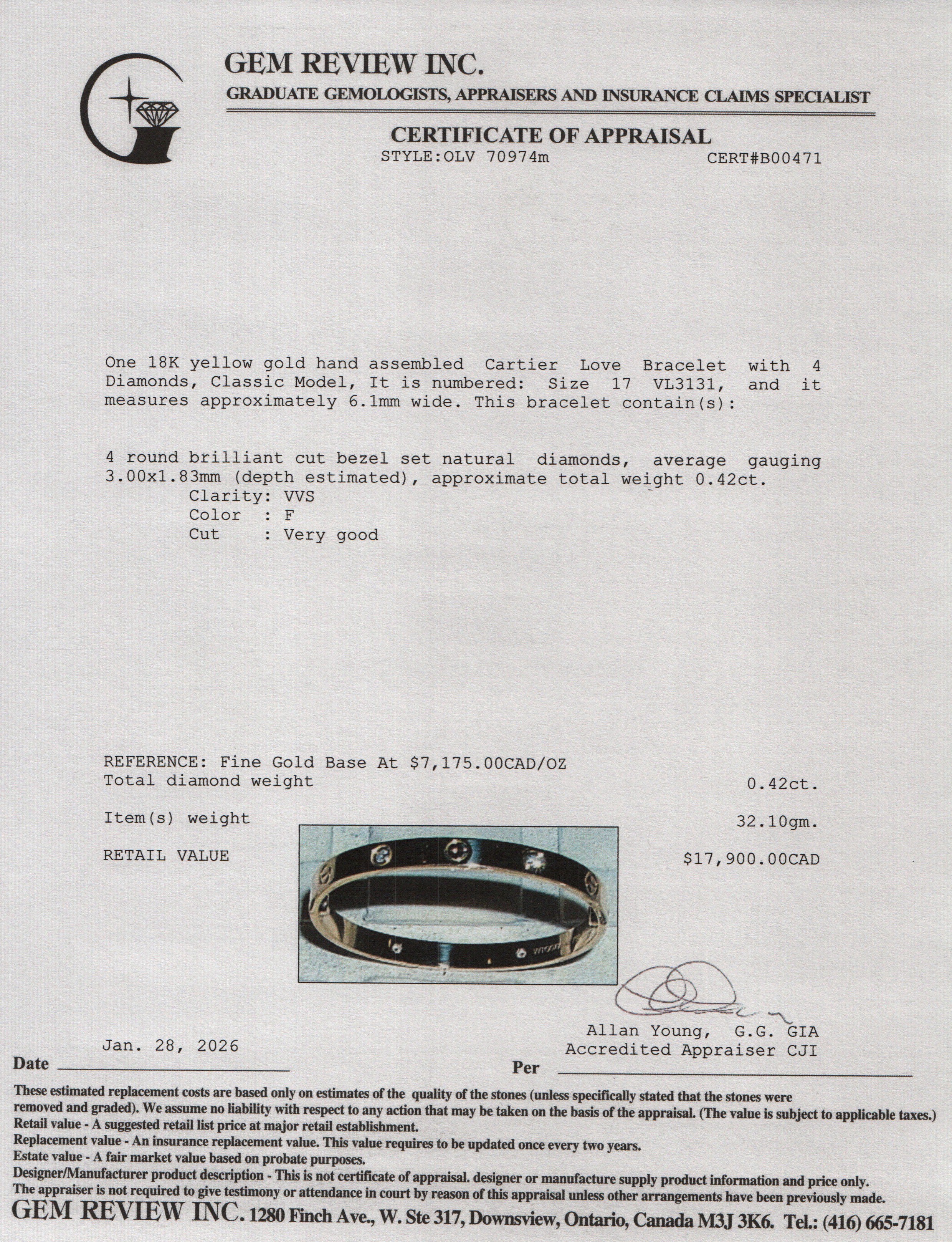 Cartier 18k Yellow Gold Love Bracelet with 4 Diamonds, Classic Model Size 17 w/ Box, Receipt & Certificate