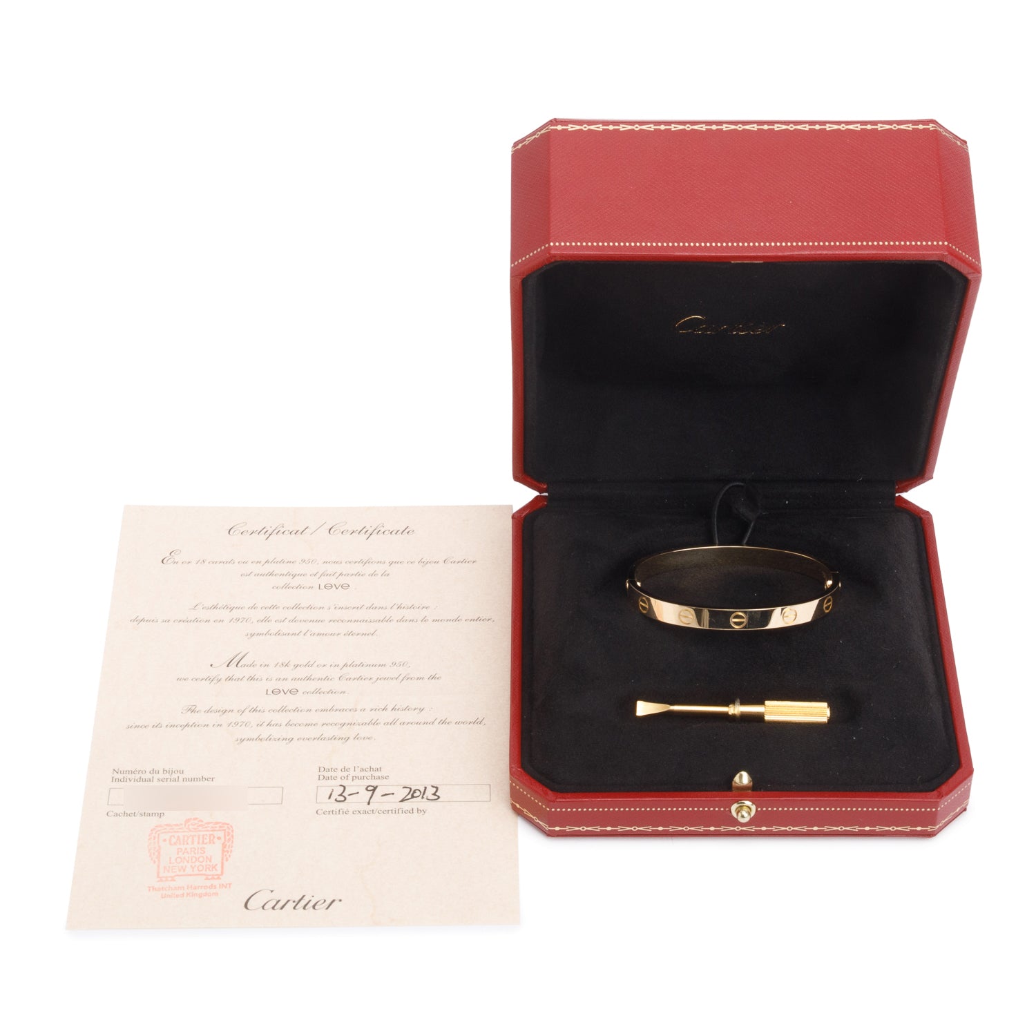 Cartier 18k Yellow Gold Love Bracelet, Classic Model, Size 16 w/ Box & Certificate