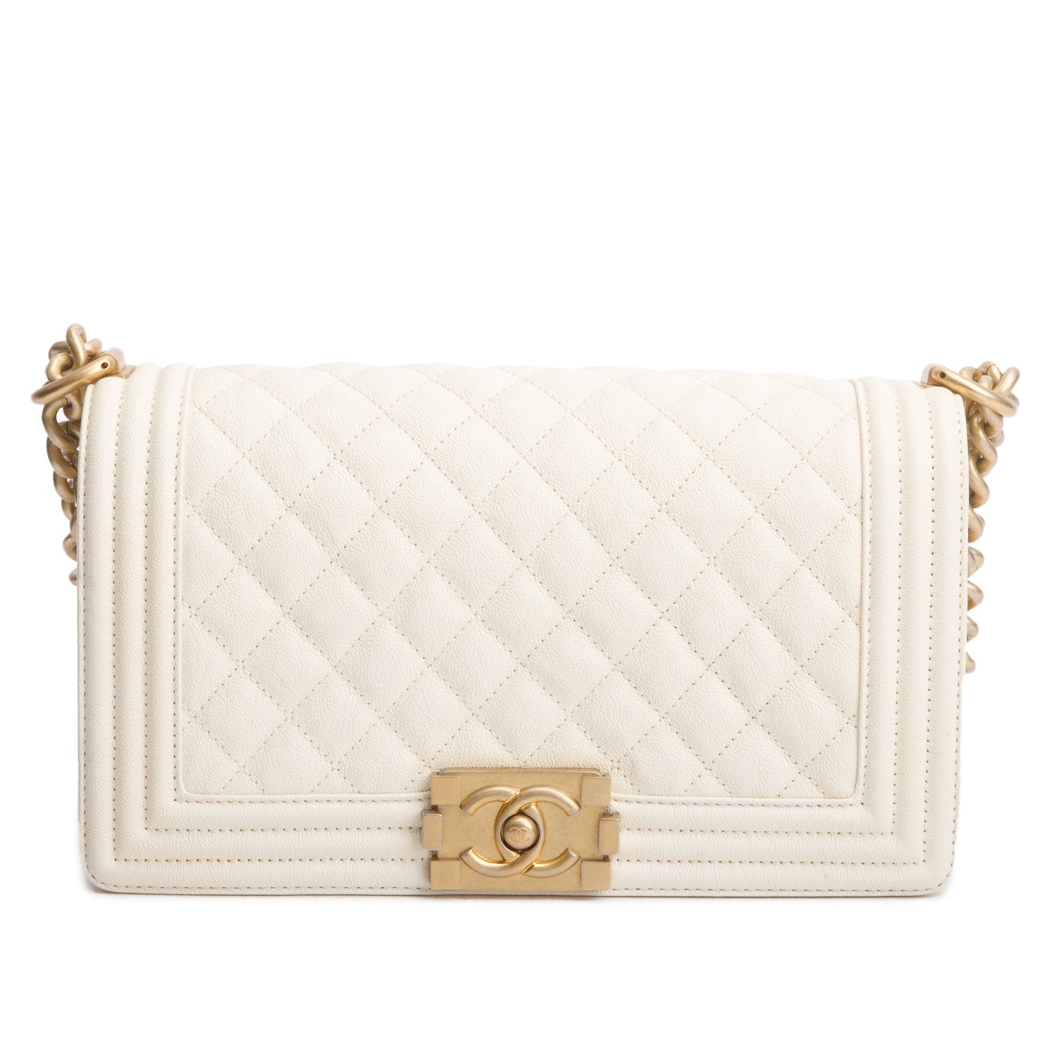 Chanel White Caviar Quilted Medium Boy Flap Bag w/ Authenticity Card