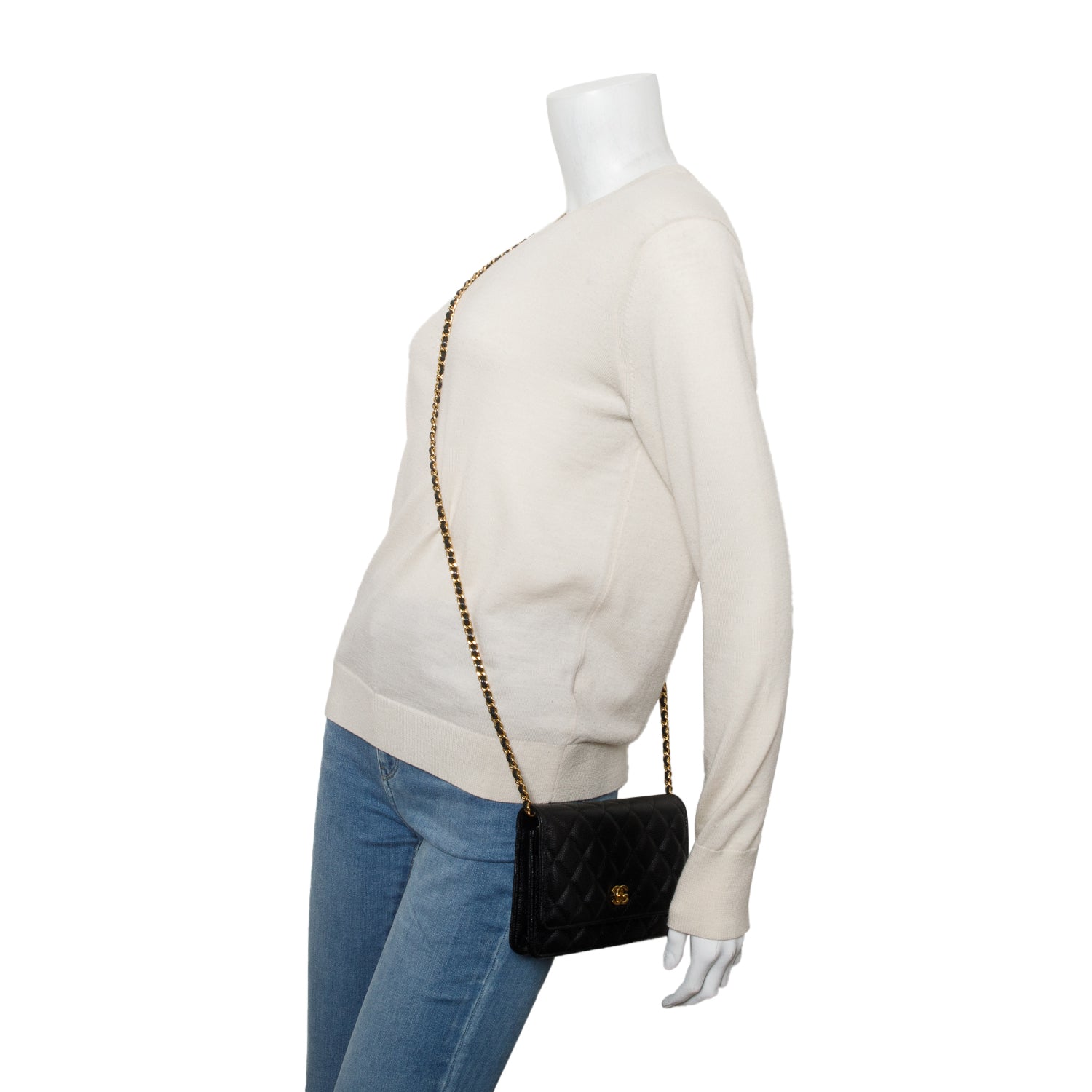 Chanel Black Caviar Quilted Classic Wallet on Chain w/ Box