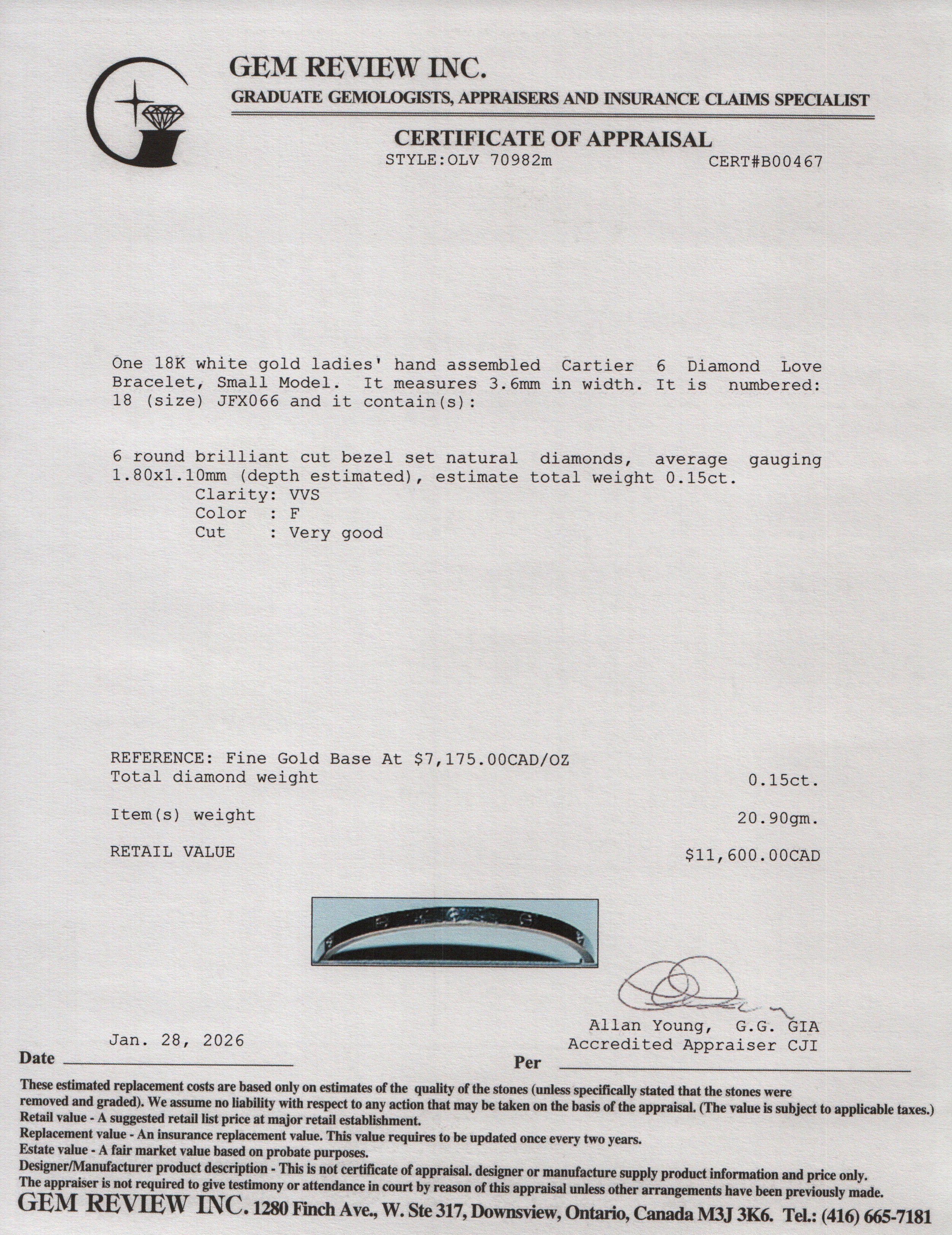 Cartier 18k White Gold 6 Diamond Love Bracelet, Small Model, Size 18 w/ Box & Certificate