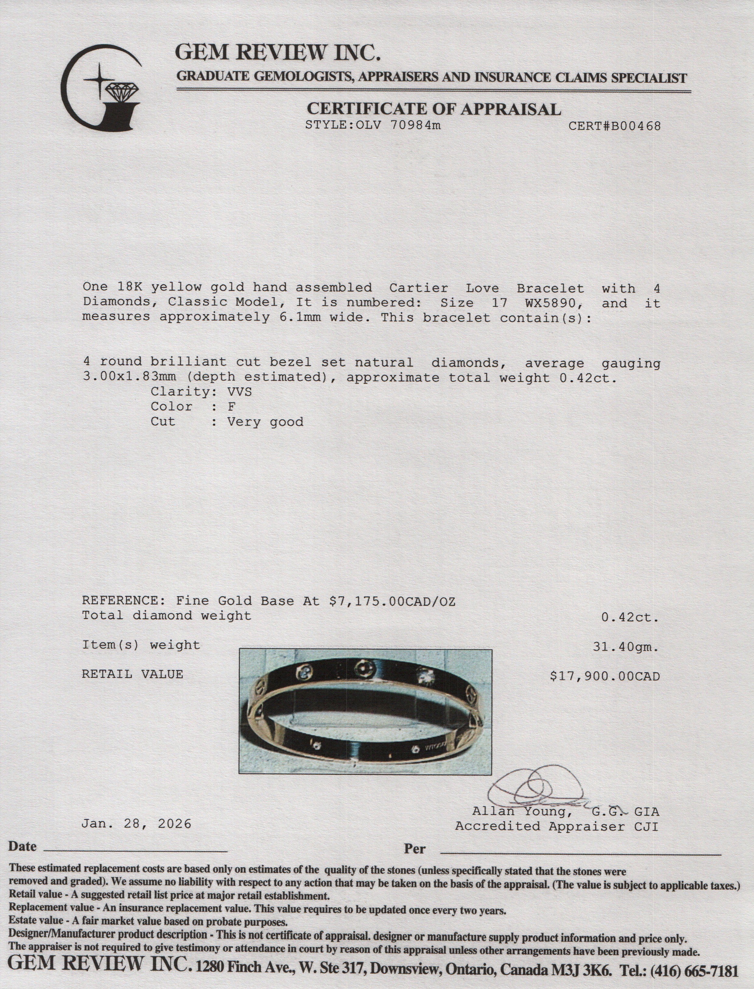 Cartier 18k Yellow Gold Love Bracelet with 4 Diamonds, Classic Model Size 17 w/ Box & Certificate