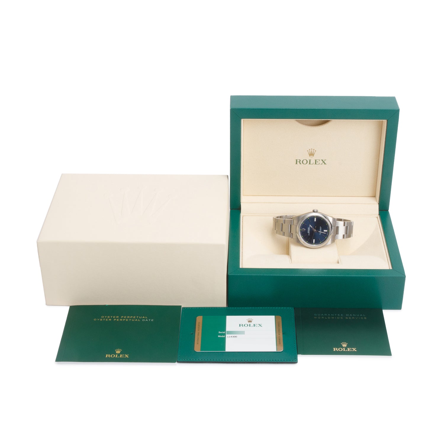 Rolex Stainless Steel Oyster Perpetual 39 MM Watch Blue Dial 114300 w/ Box & Papers