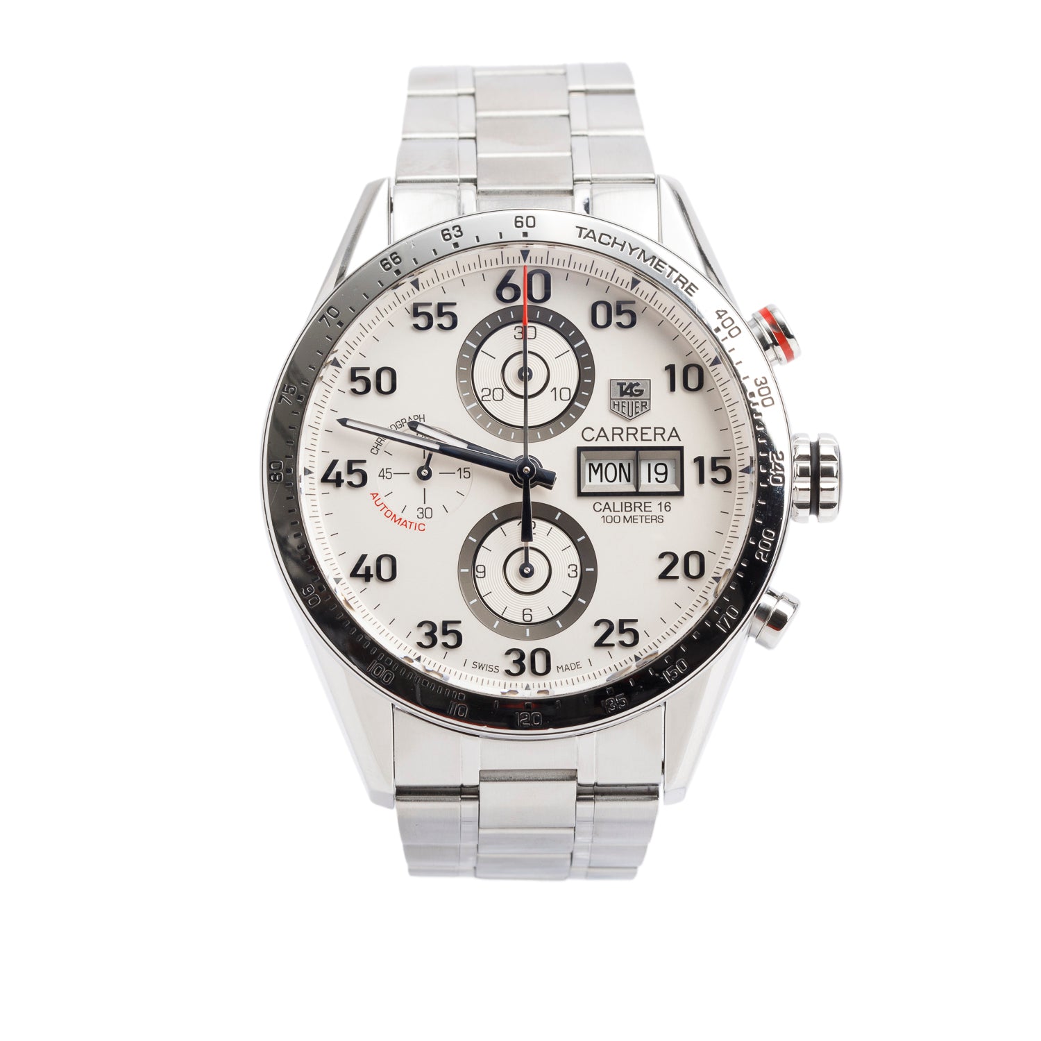 Tag Heuer Stainless Steel Carrera Day Date 43 MM Automatic Chronograph Watch White Dial CV2A11