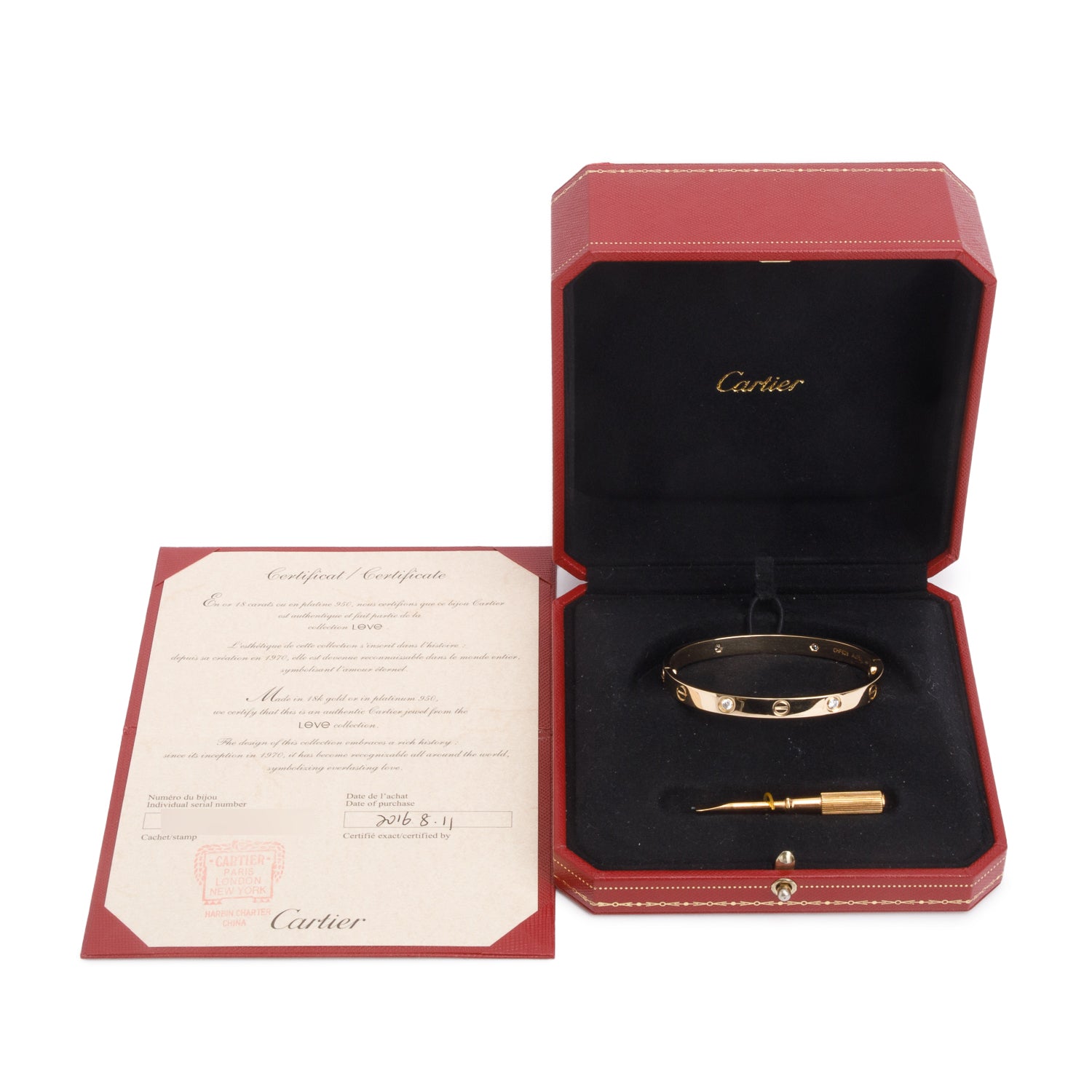 Cartier 18k Yellow Gold Love Bracelet with 4 Diamonds, Classic Model Size 17 w/ Box & Certificate