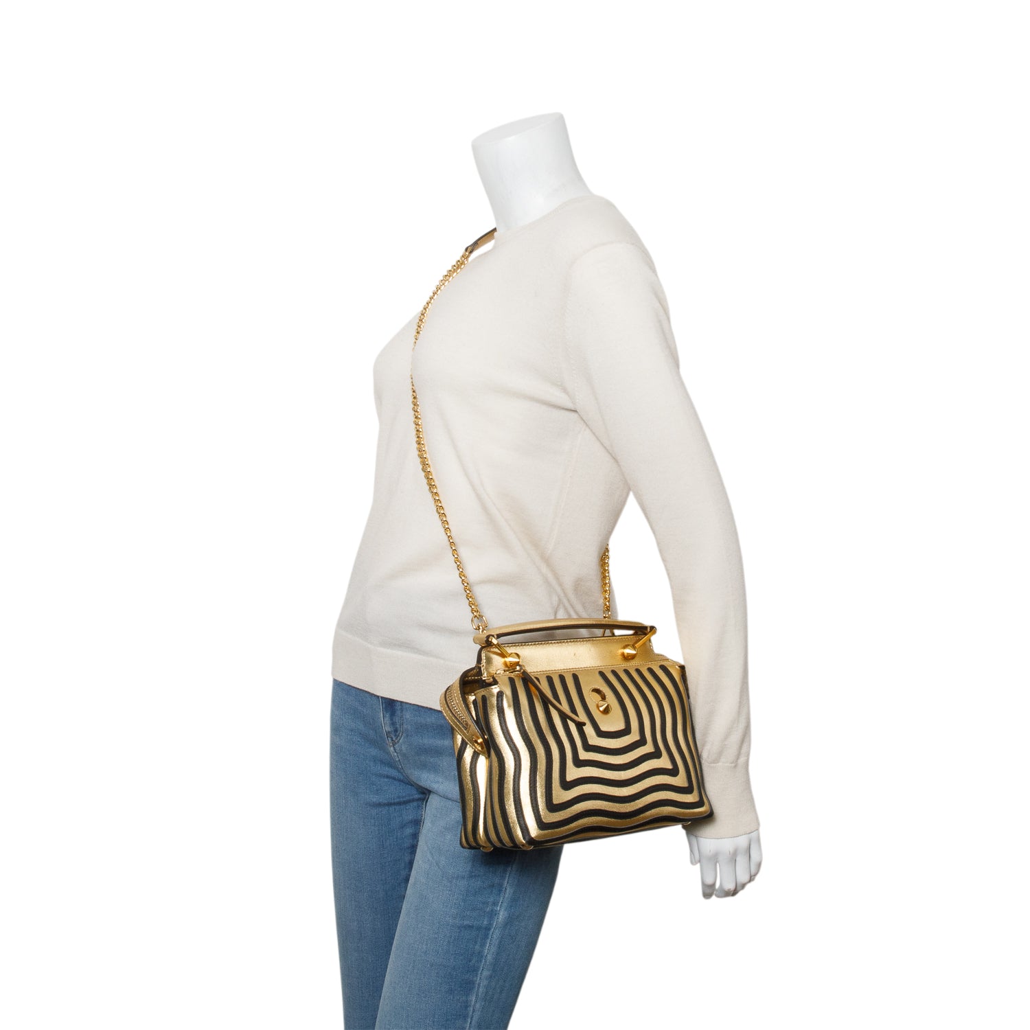 Fendi Gold/Black Striped Leather Small Hypnotic Dotcom Bag w/ Strap