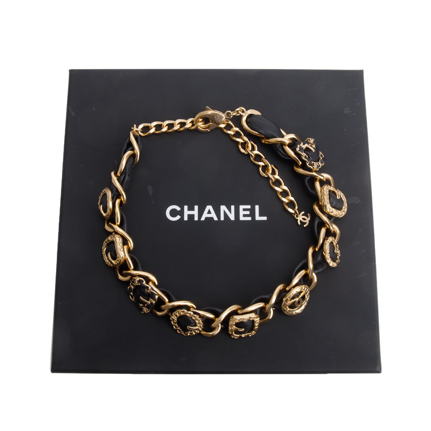 Chanel 2024 Gold Plated Leather Buckle Accent CC Choker Necklace w/ Box