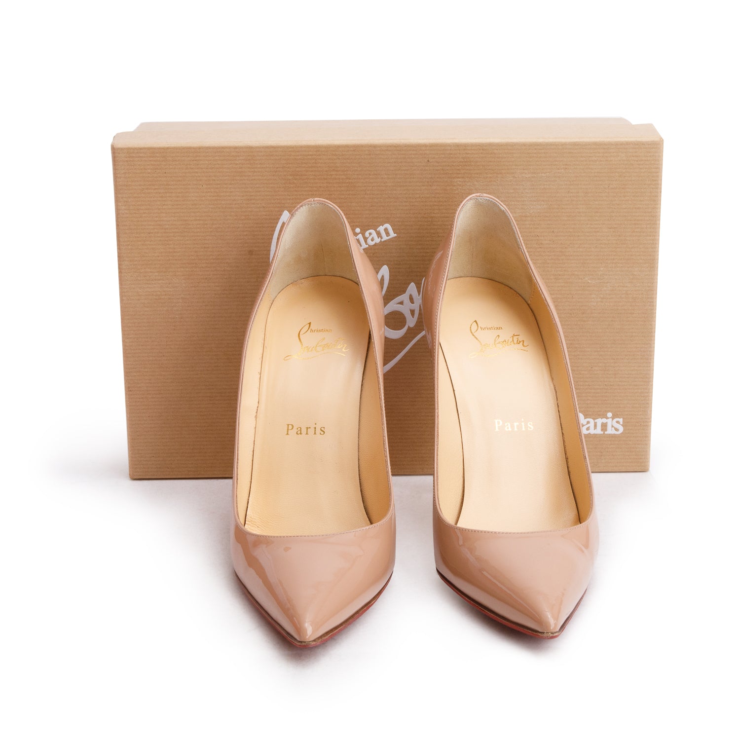 Christian Louboutin Nude Patent Leather Decollete 100 Pumps, Size 38 w/ Box