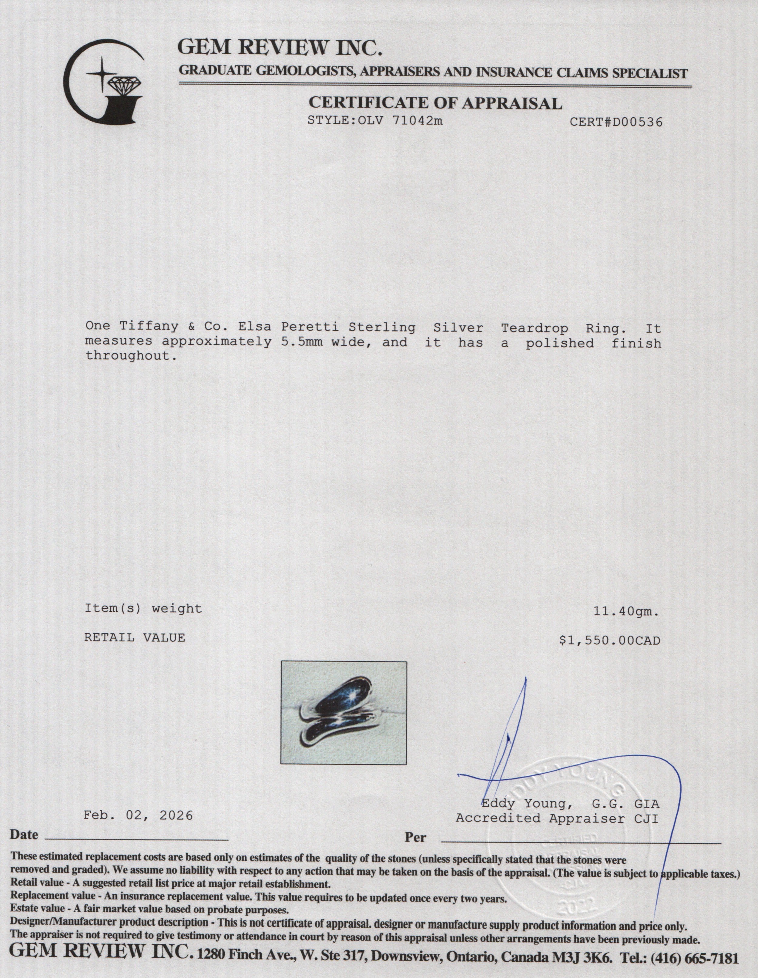 Tiffany & Co. Elsa Peretti Sterling Silver Teardrop Ring, Size 6