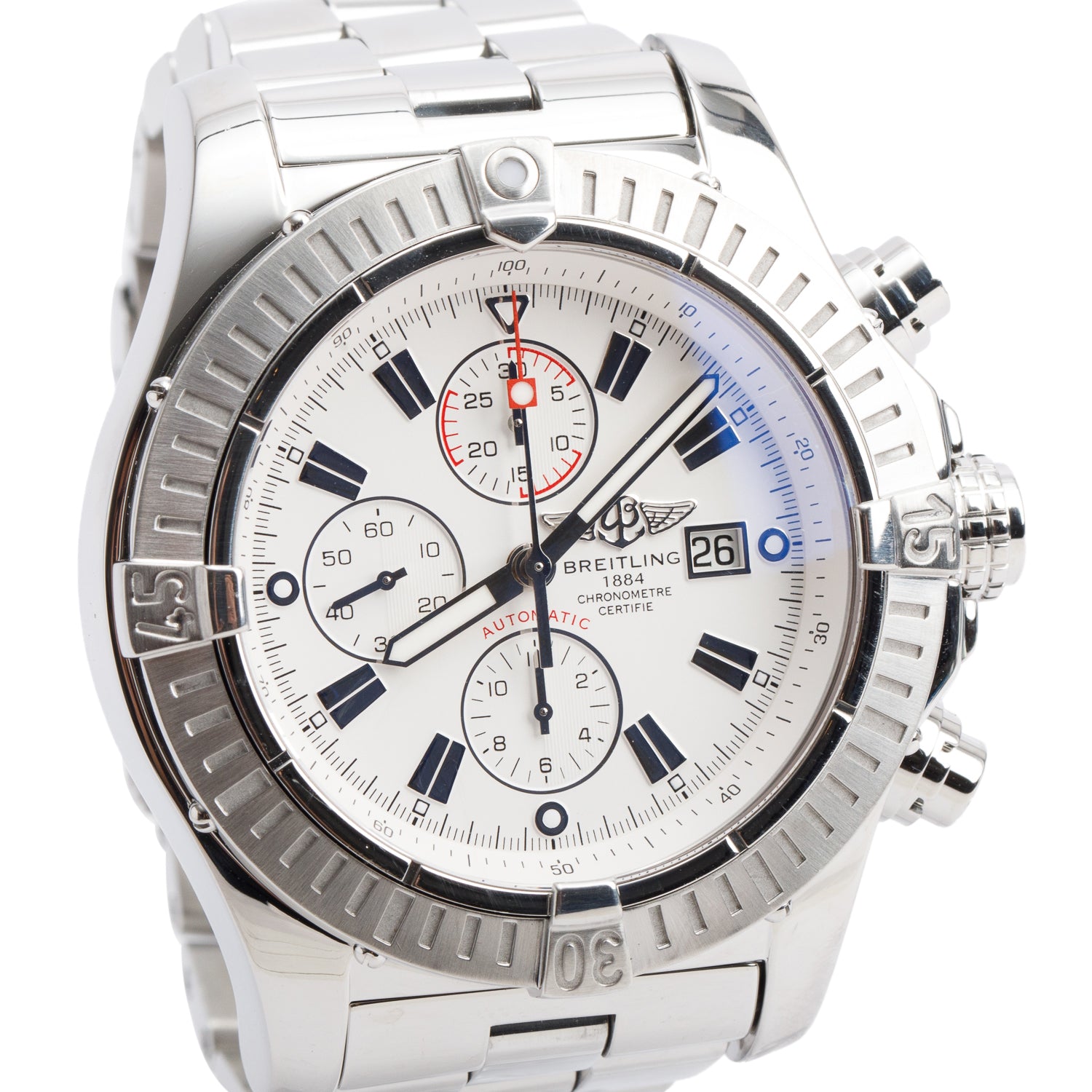 Breitling Stainless Steel Super Avenger 48 MM Automatic Chronograph Watch White Dial A13370 w/ Box & Papers