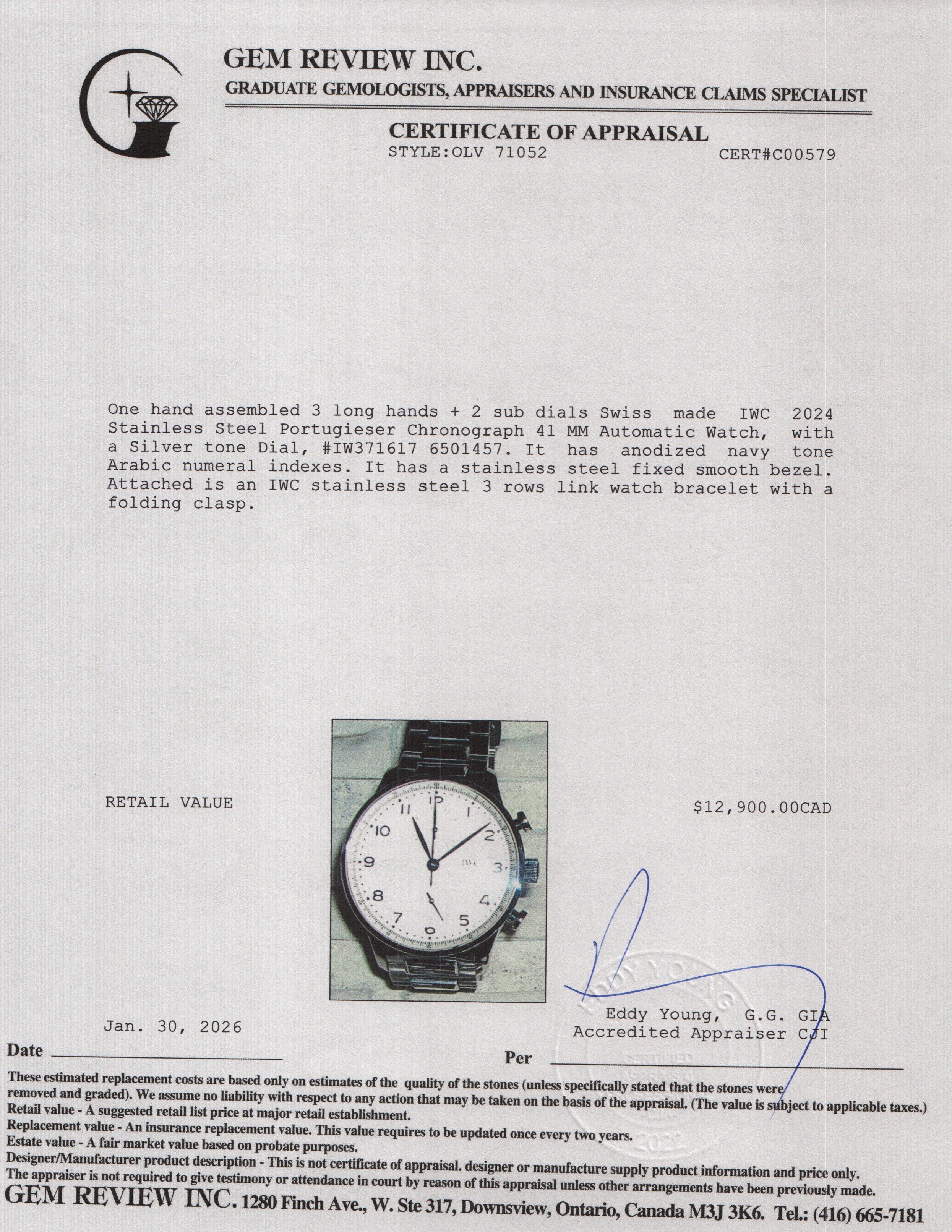 IWC 2024 Stainless Steel Portugieser Chronograph 41 MM Automatic Watch, Silver Dial  IW371617 w/ Box & Papers