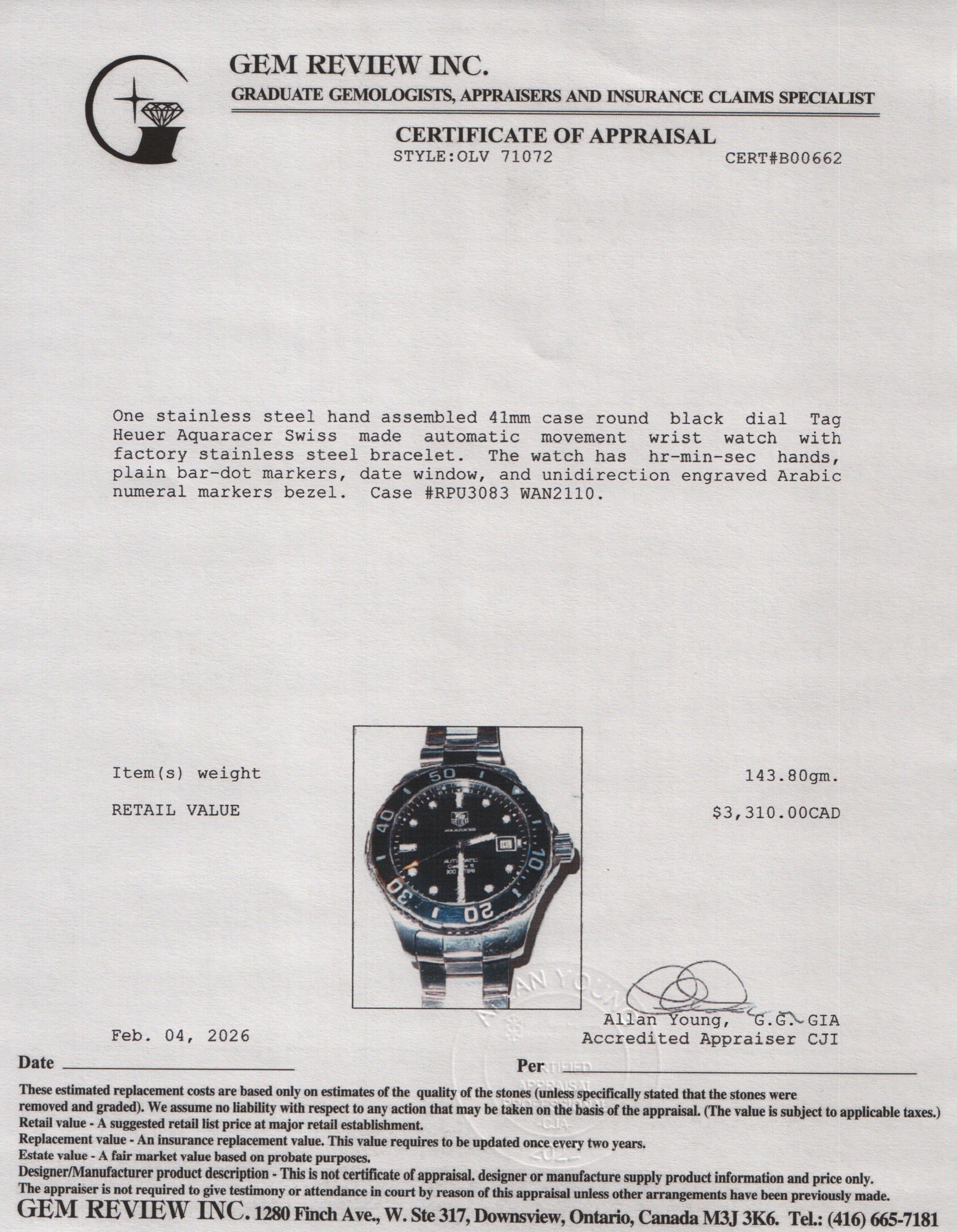 Tag Heuer Stainless Steel Aquaracer Calibre 5 41 MM Automatic Watch Black Dial WAN2110