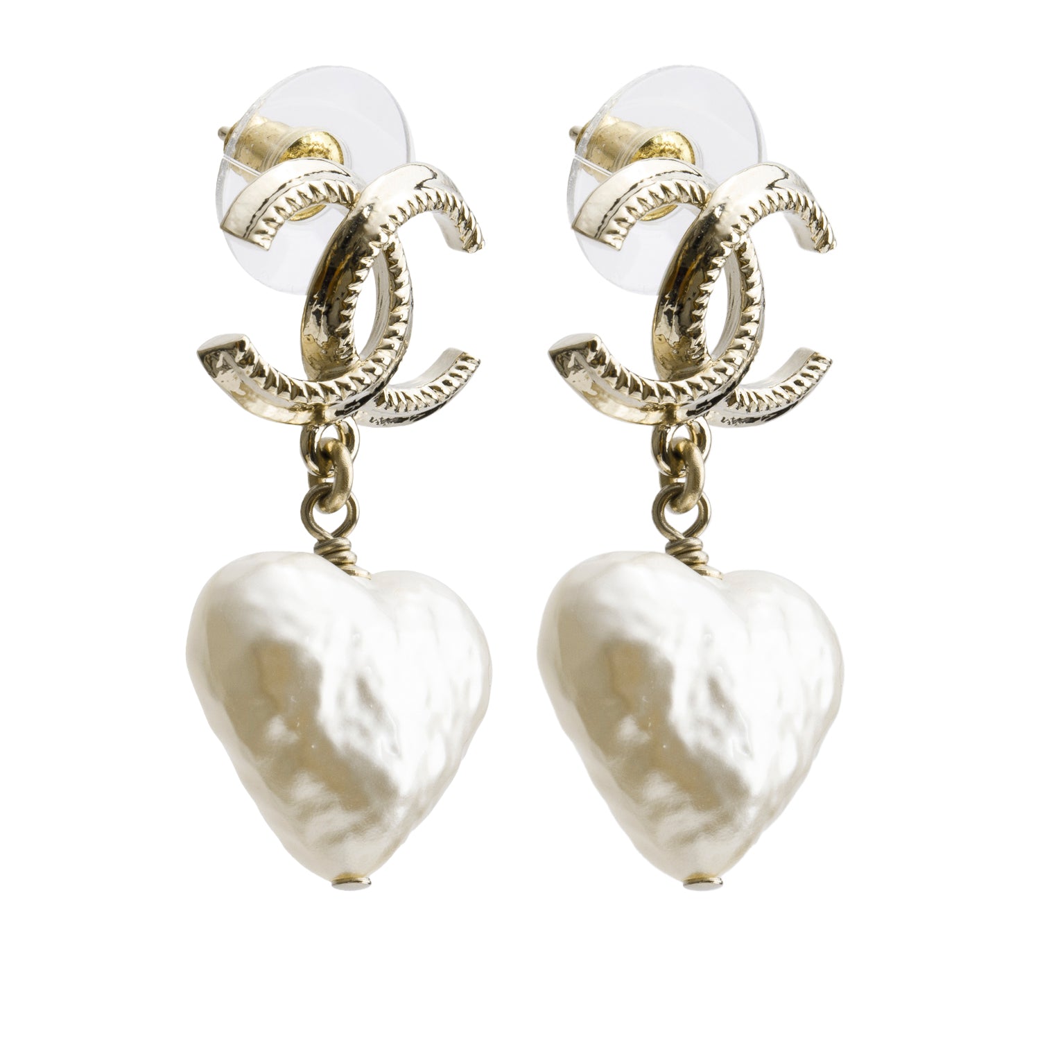 Chanel 2024 Gold-Plated Faux Pearl Heart CC Drop Earrings w/ Box