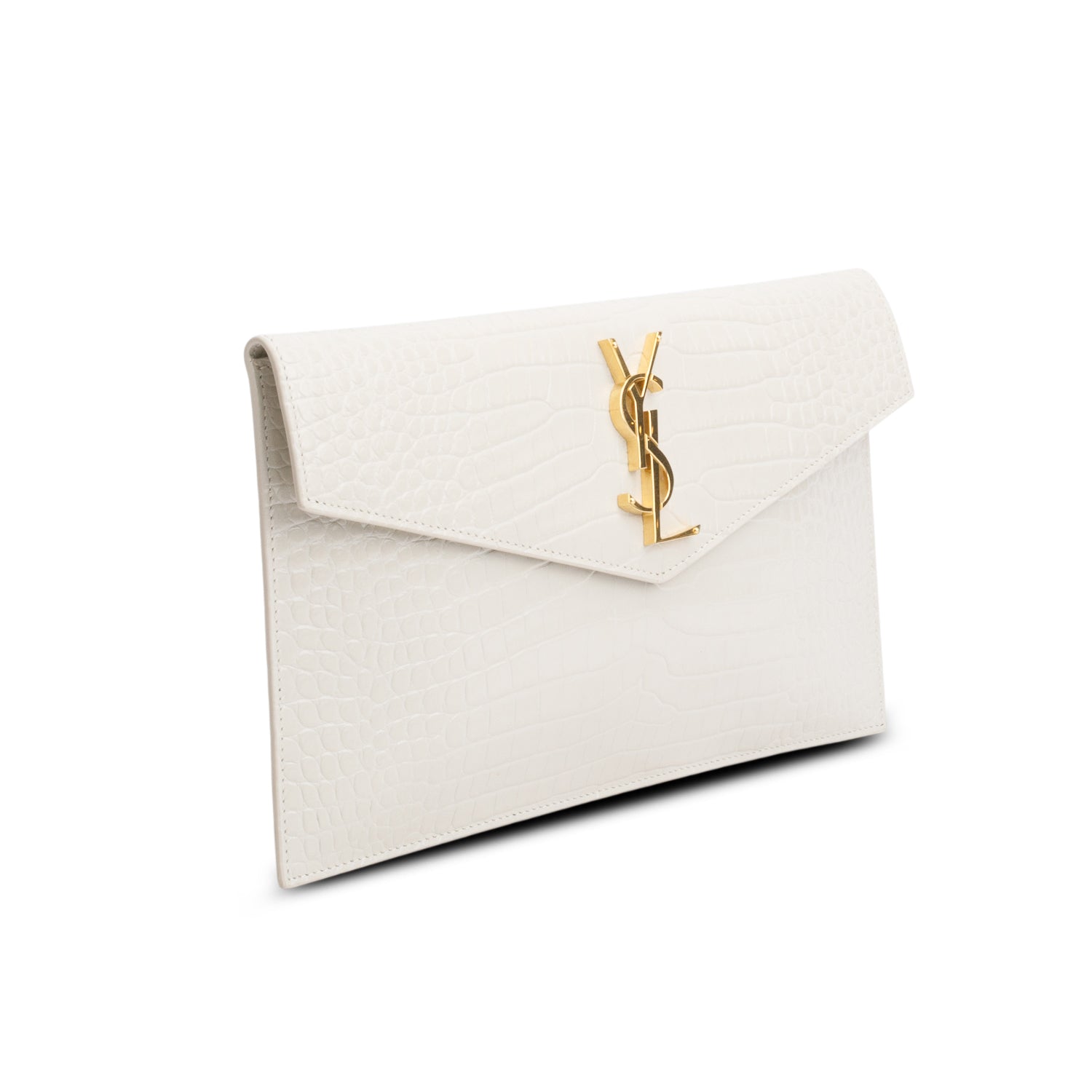 Saint Laurent 2022 Cream Calfskin Croc Embossed Uptown Monogram Pouch