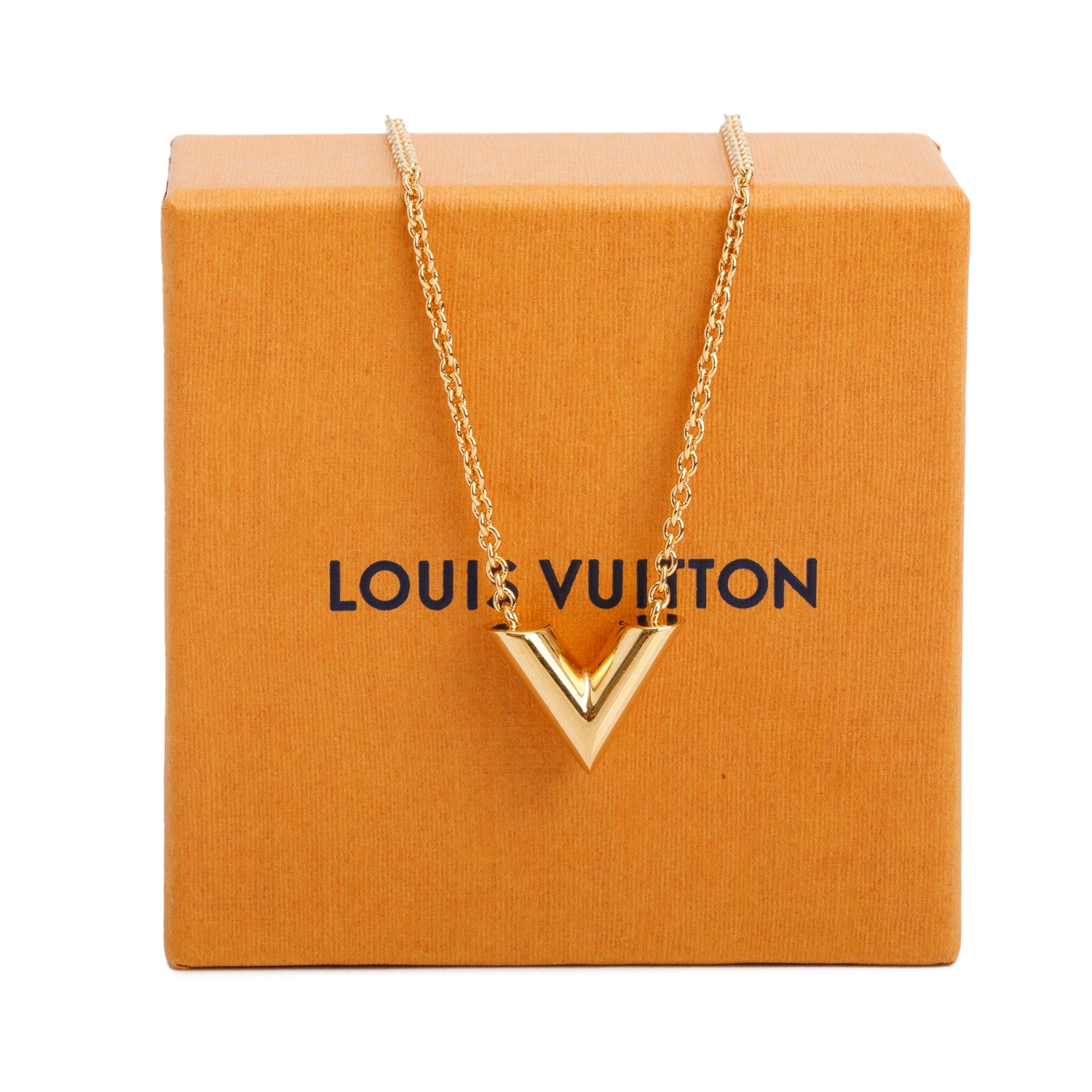 Louis Vuitton Gold-Tone Metal Essential V Pendant Necklace w/ Box