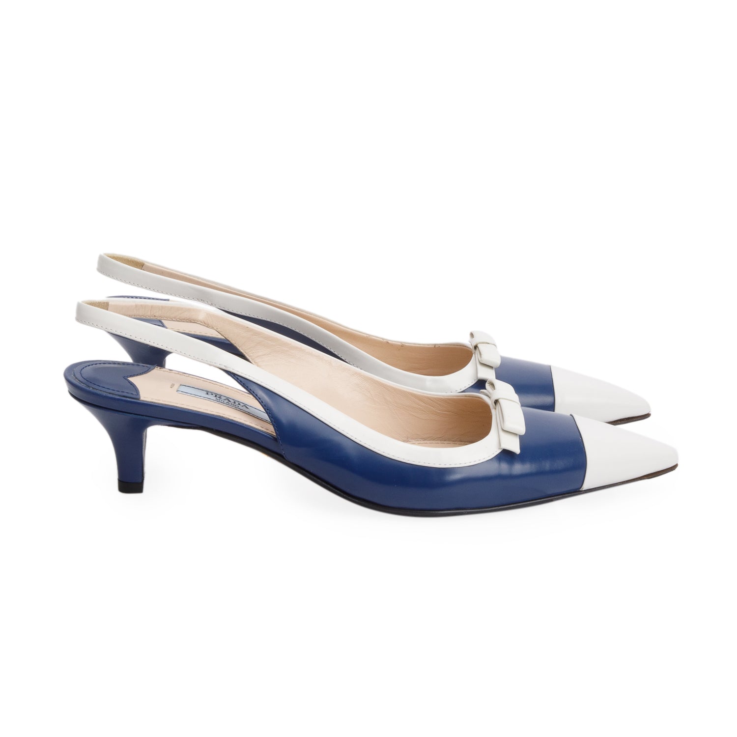 Prada Blue/White Spazzolato Leather Slingback Pumps, Women's Size 37.5