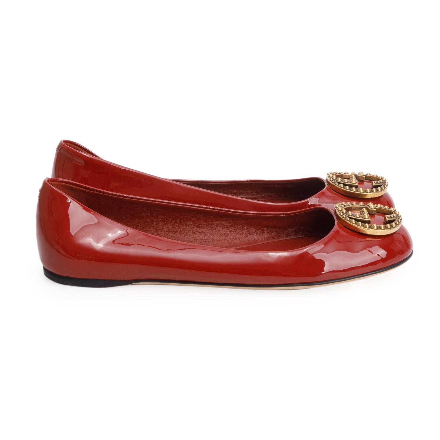 Gucci Red Patent Leather Studded GG Ballet Flats, Women's Size 37