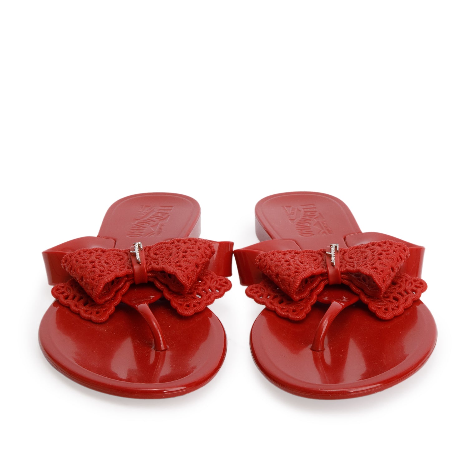 Ferragamo Red Rubber Bow Accent Sandals, Women's Size 8