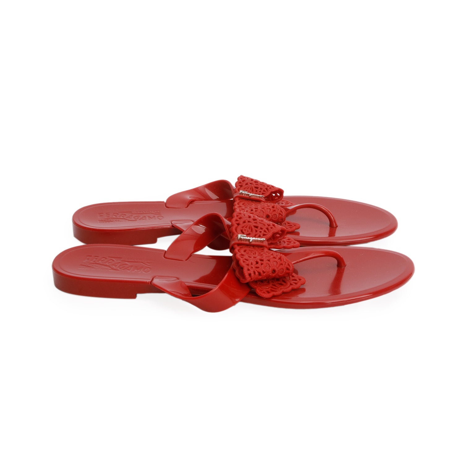 Ferragamo Red Rubber Bow Accent Sandals, Women's Size 8