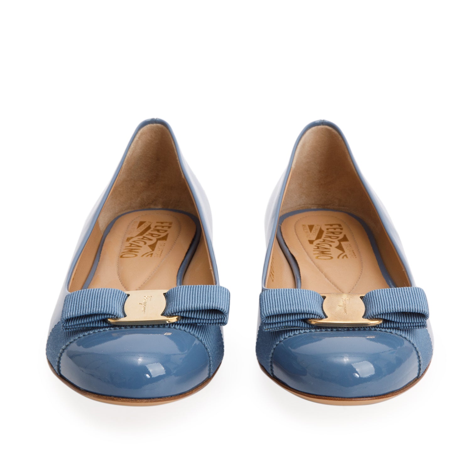 Ferragamo Blue Patent Leather Vara Bow Ballet Flats, Size 38