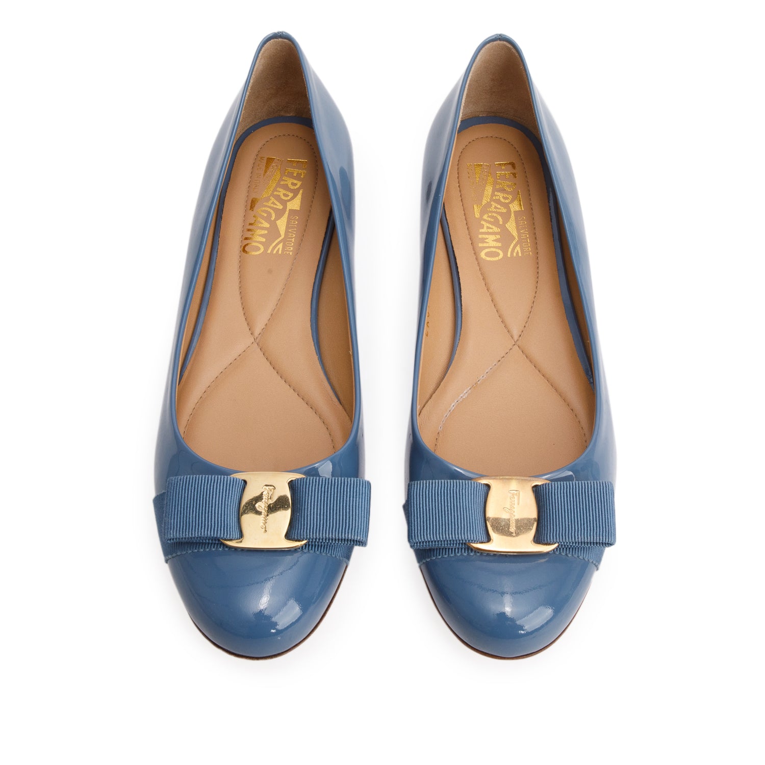 Ferragamo Blue Patent Leather Vara Bow Ballet Flats, Size 38