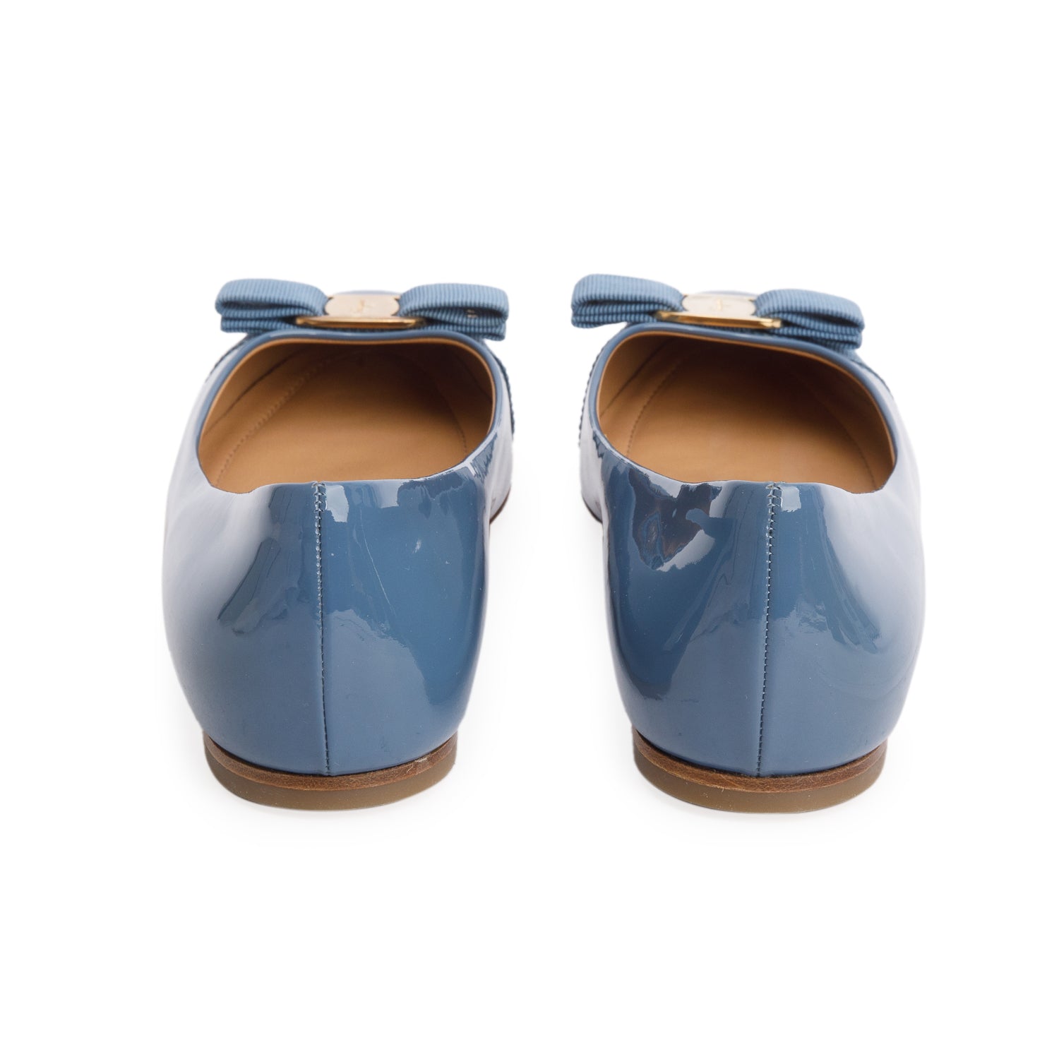 Ferragamo Blue Patent Leather Vara Bow Ballet Flats, Size 38