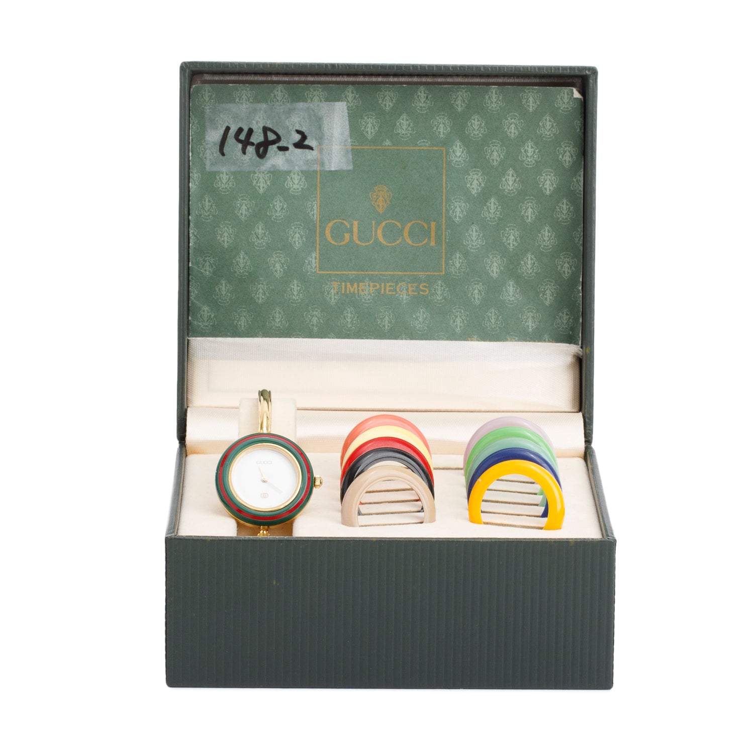 Gucci Gold Plated Stainless Steel 1100 Series 26MM Watch w/ Box, Papers & 12 Multicolour Interchangeable Bezels