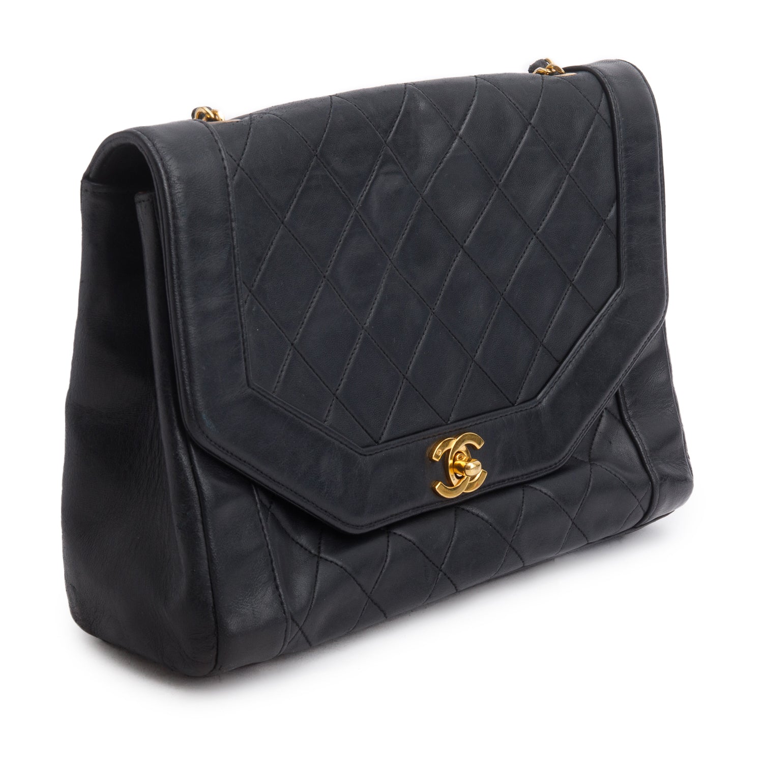 Chanel Vintage Black Lambskin Quilted Medium Diana Flap