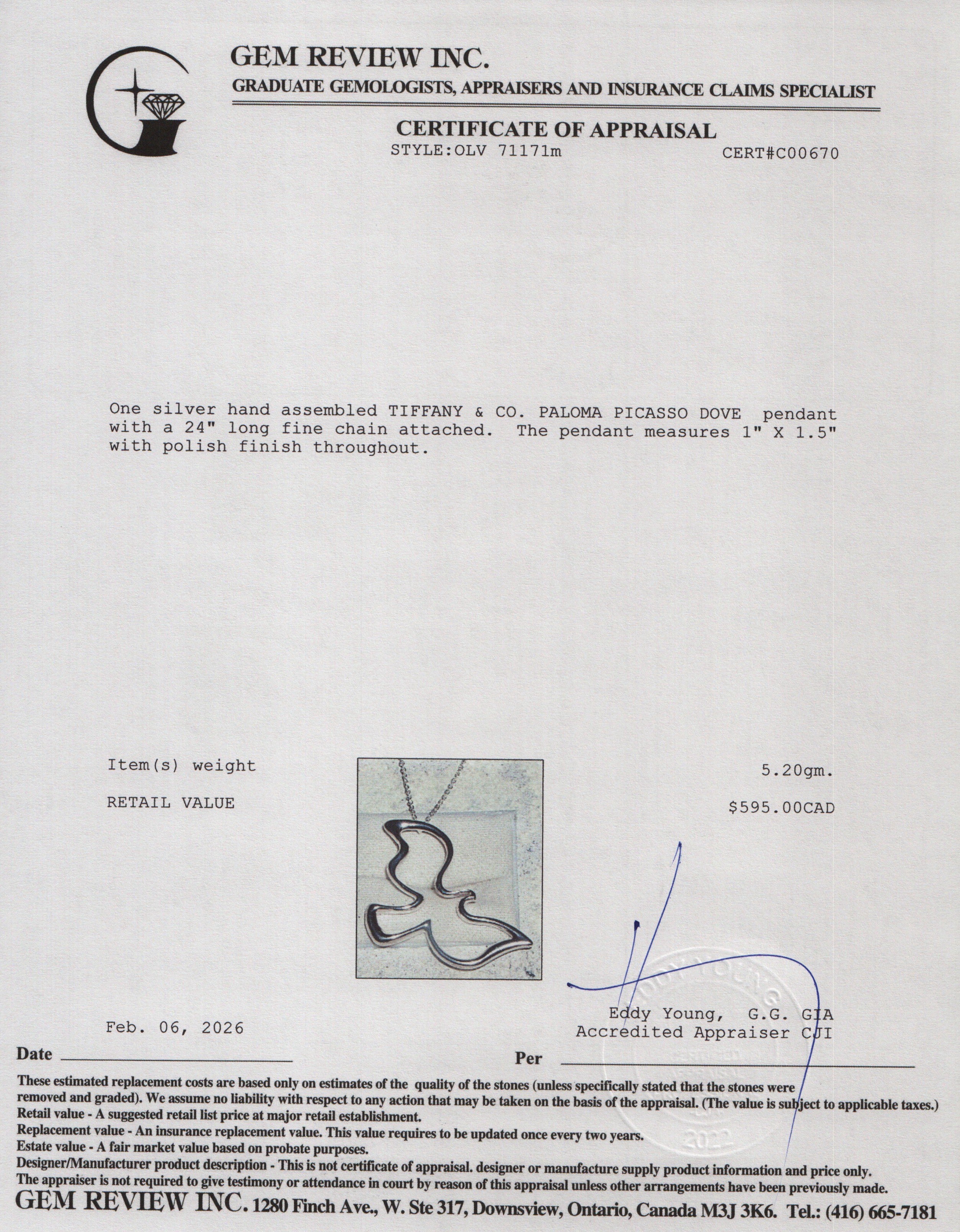 Tiffany & Co. Paloma Picasso Sterling Silver Dove Pendant Necklace