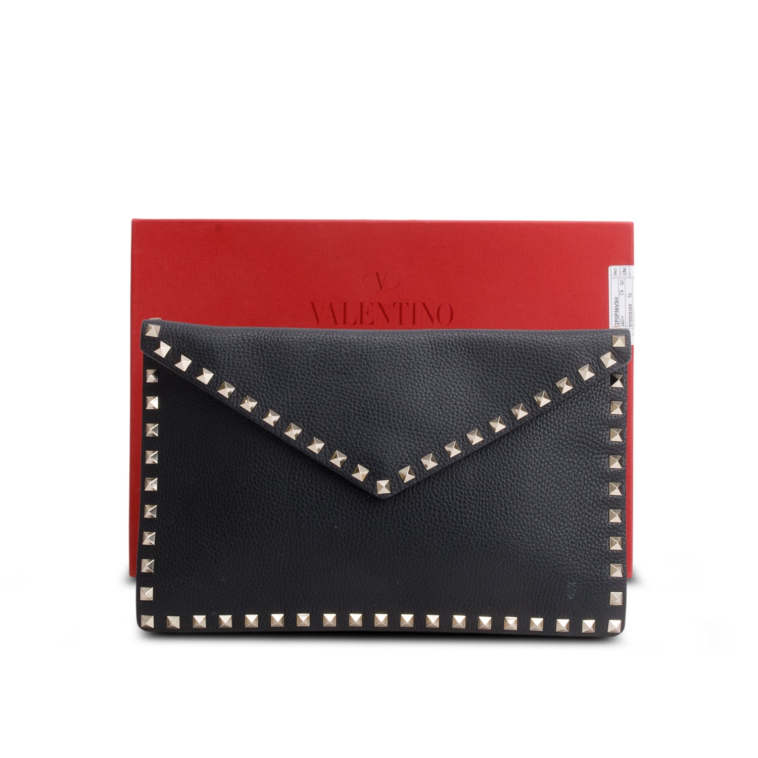 Valentino Black Pebbled Calfskin Large Rockstud Envelope Pouch w/ Box