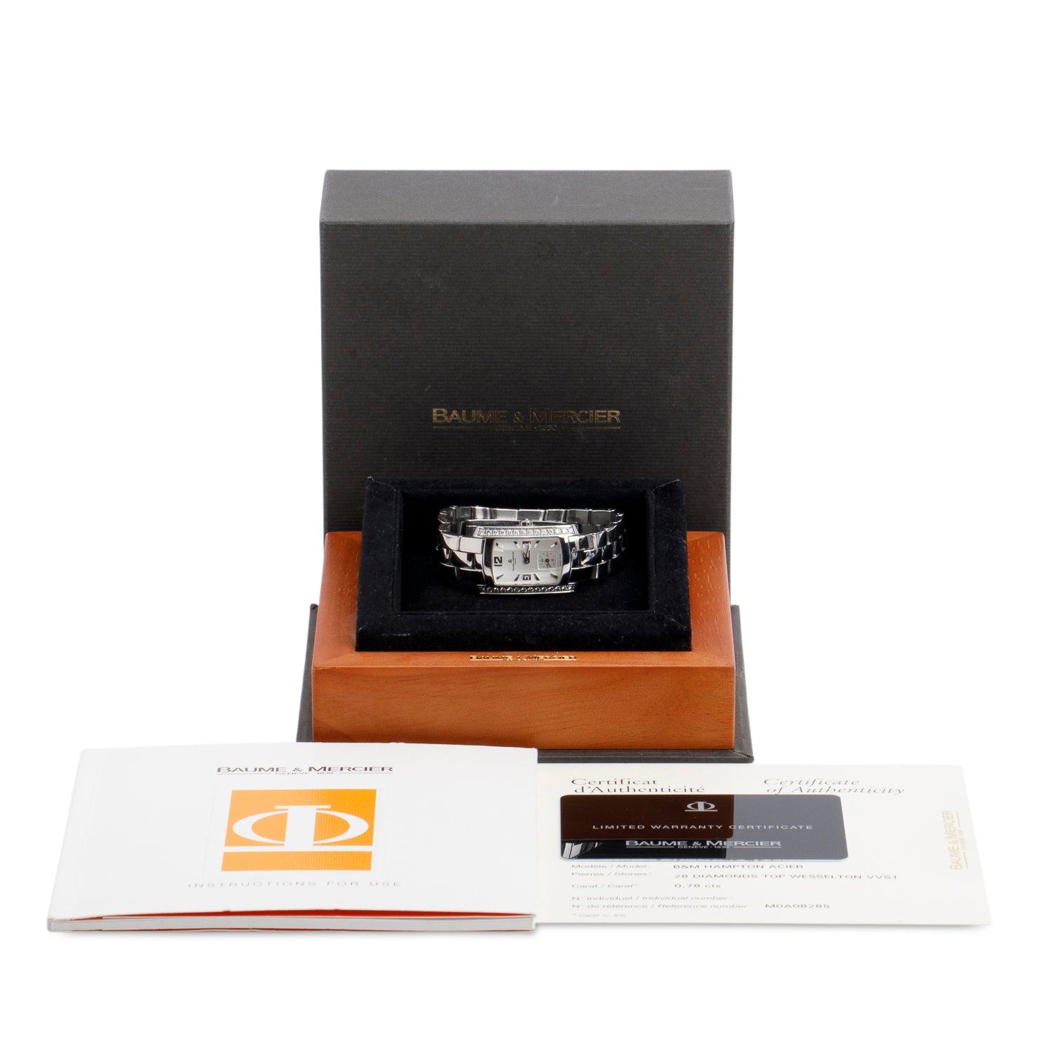 Baume & Mercier Stainless Steel Diamond Bezel Hampton Milleis Quartz Watch Silver Dial w/ Box & Papers