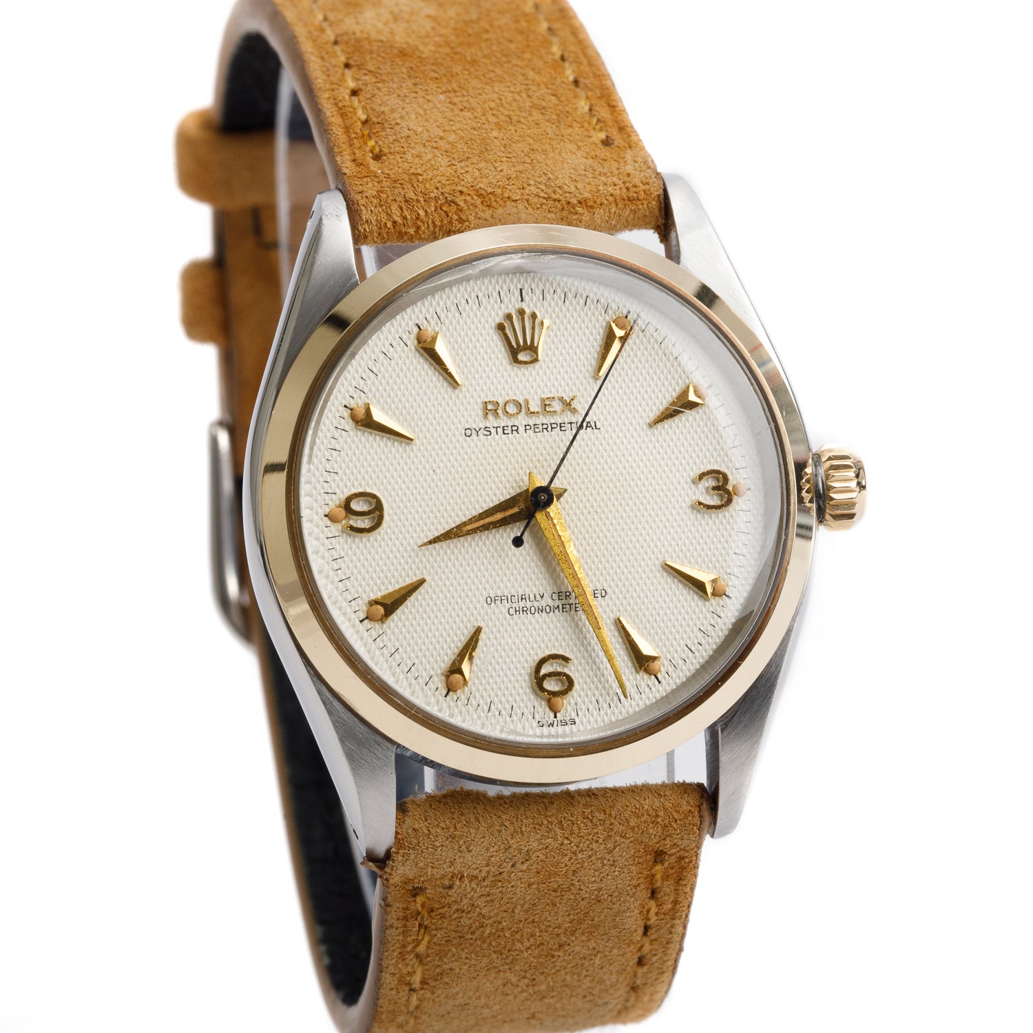 Rolex Vintage Stainless Steel & 14k Yellow Gold Oyster Perpetual 34 MM Automatic Watch Honeycomb Waffle Dial 6564