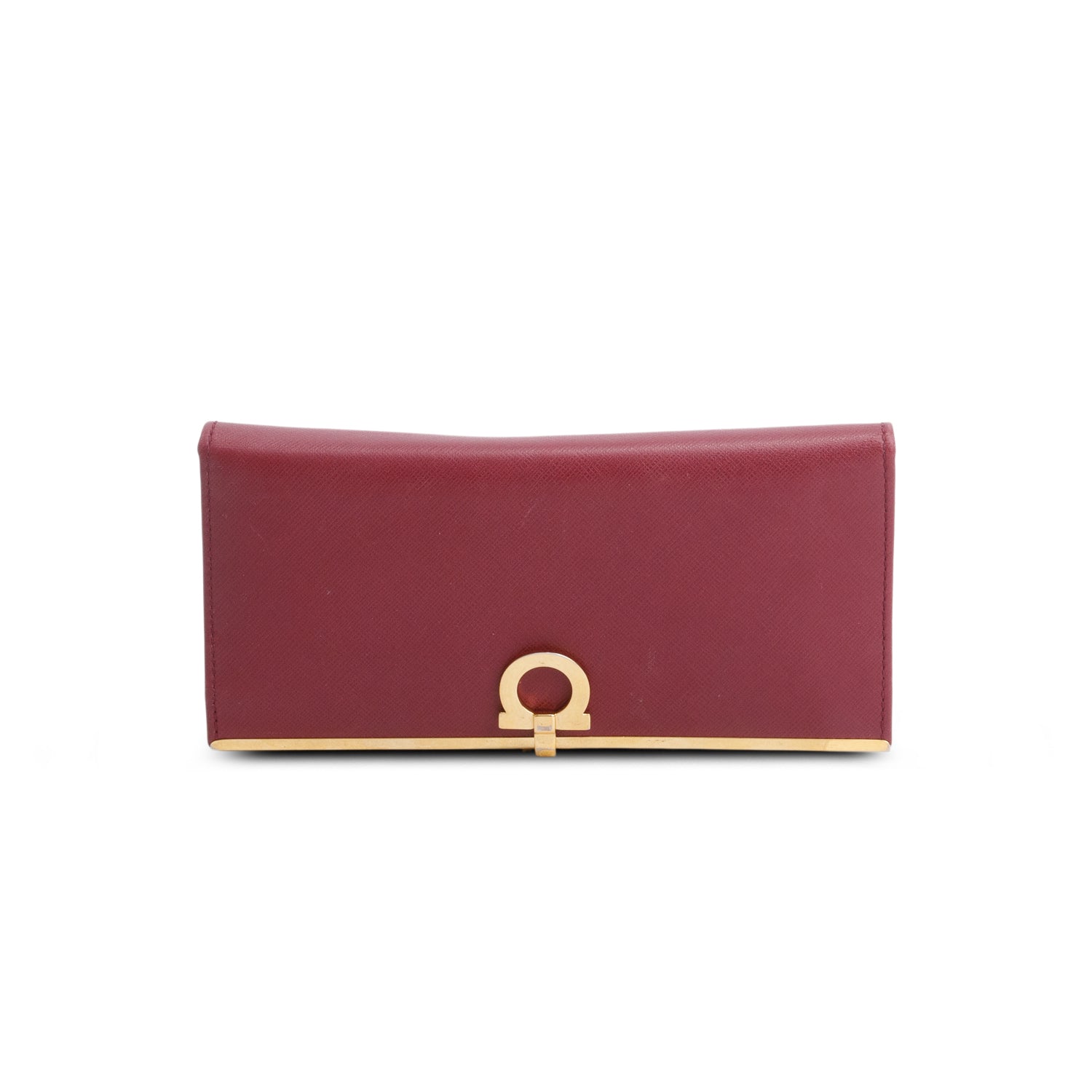 Ferragamo Burgundy Pebbled Calfskin Gancini Continental Wallet w/ Box