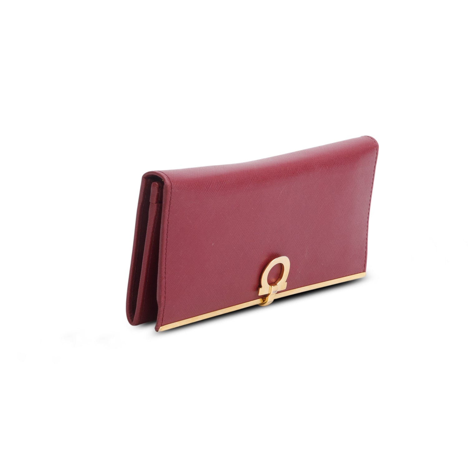 Ferragamo Burgundy Pebbled Calfskin Gancini Continental Wallet w/ Box