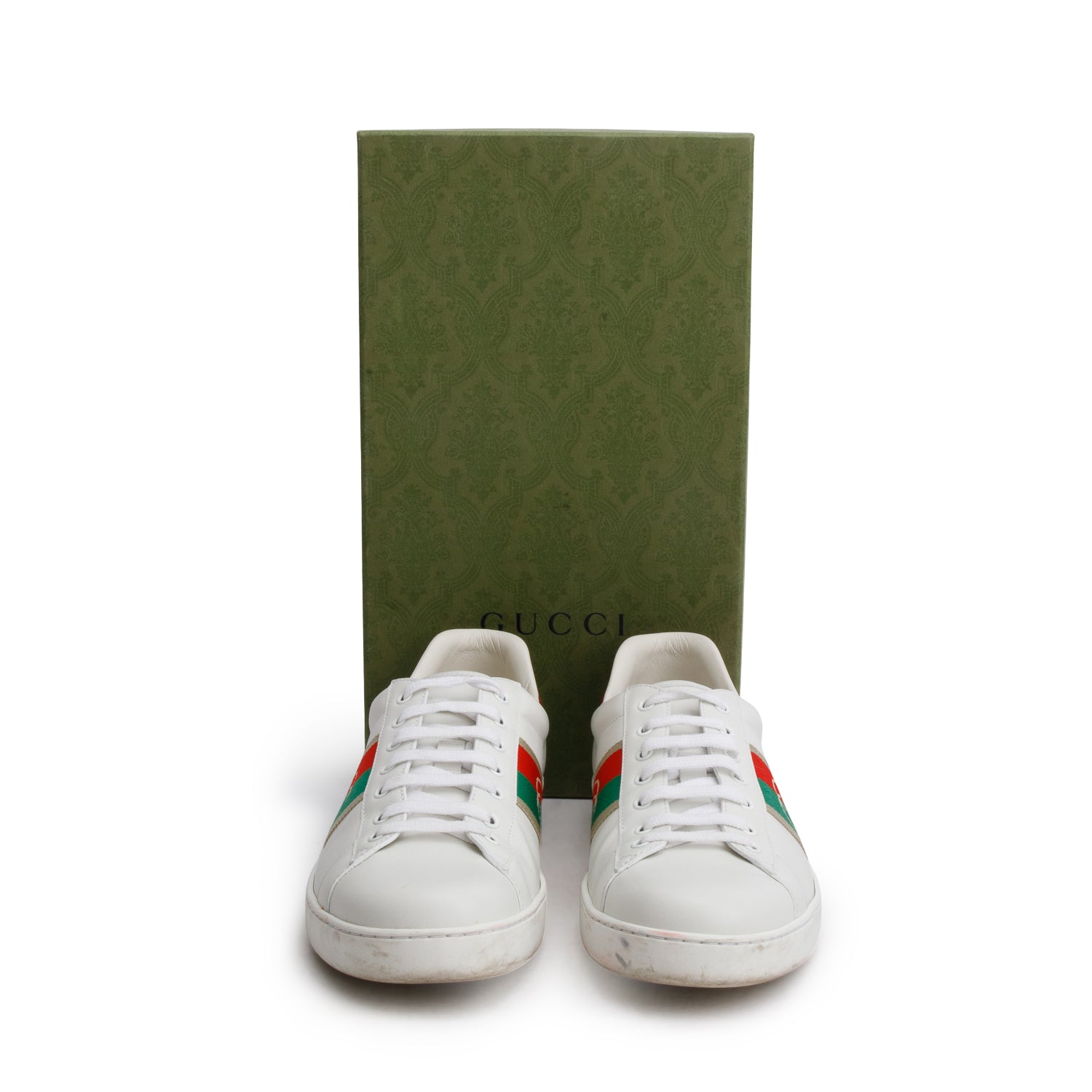 Gucci White Miro Soft Calfskin Web Interlocking G Ace Sneakers, Men's Size 11 w/ Box