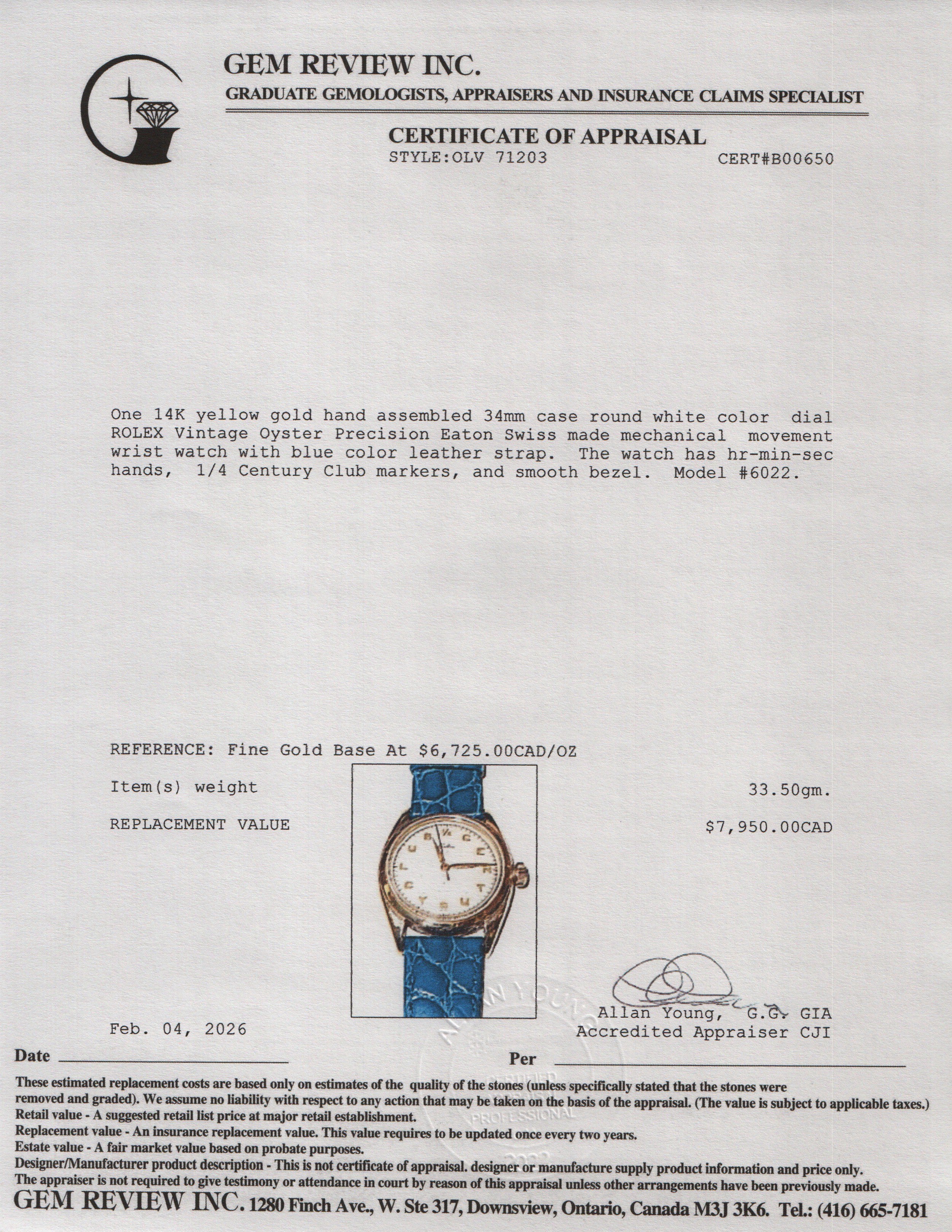 Rolex Vintage 14k Yellow Gold Oyster Precision Eaton 1/4 Century Club 34 MM Manual Watch 6022