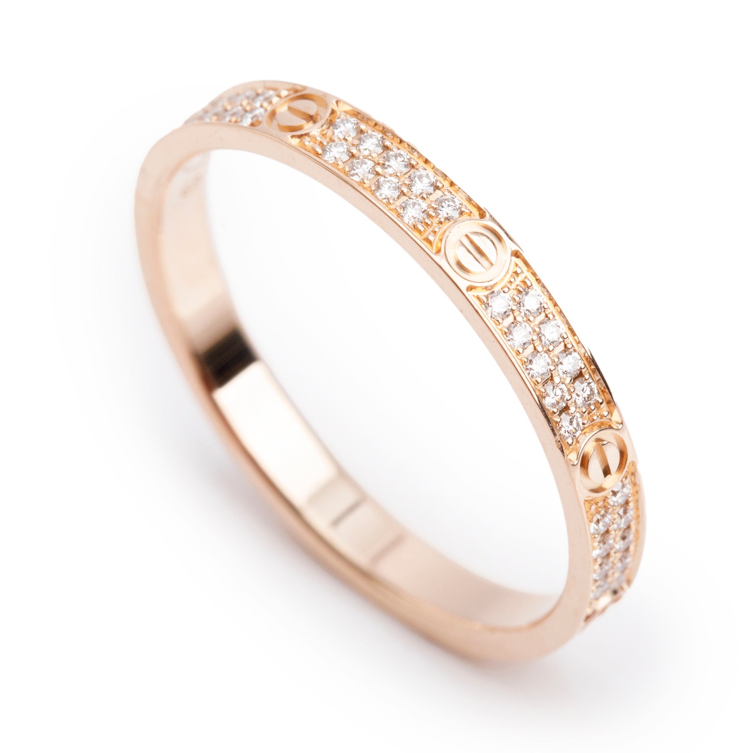 Cartier 18k Rose Gold Paved Diamond Love Ring, Mini Model Size 55 7.25 w/ Box & Certificate