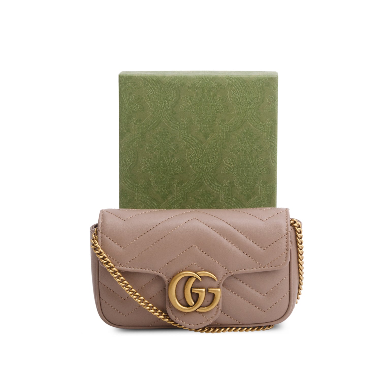 Gucci Taupe GG Marmont Matelasse Leather Super Mini Bag w/ Box
