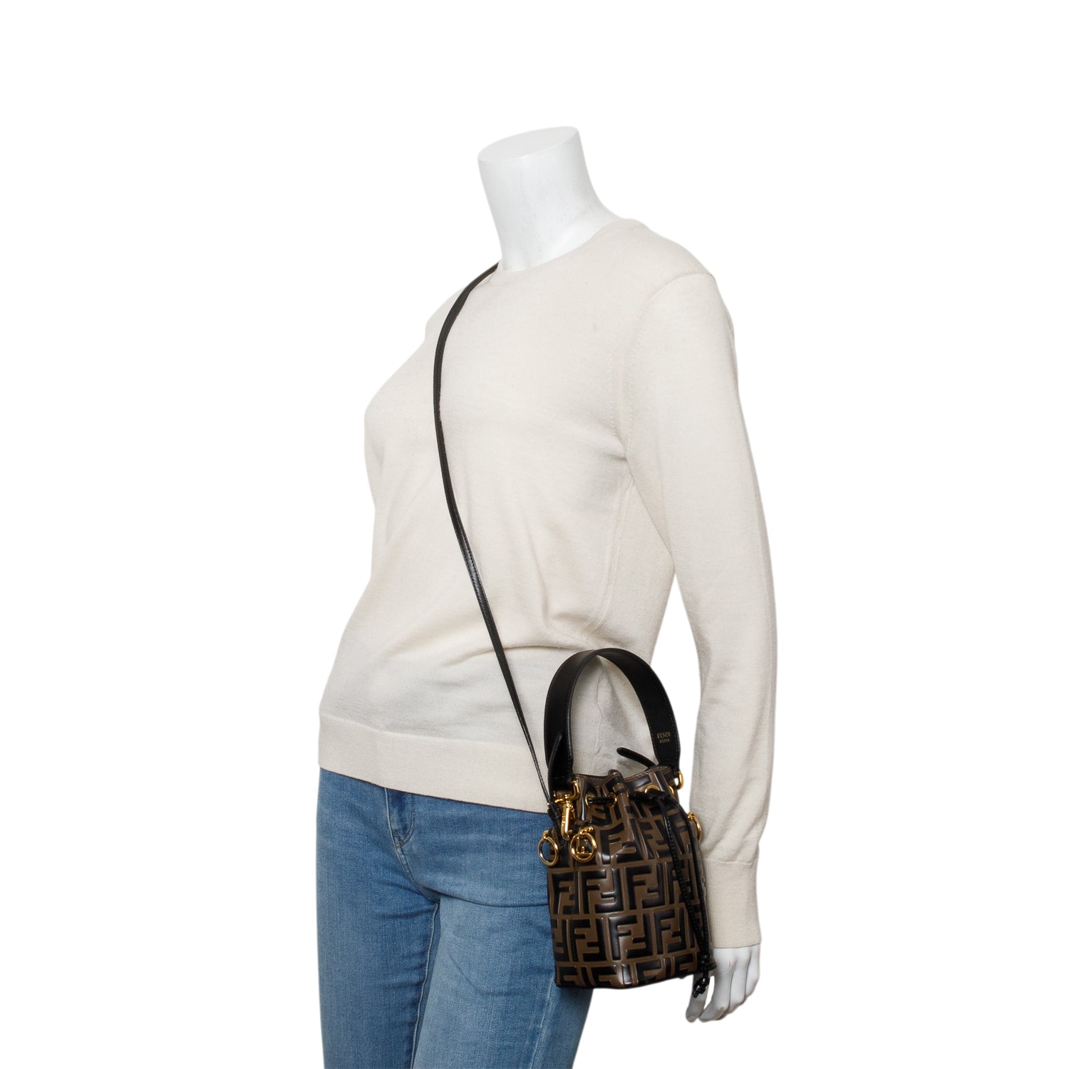 Fendi Brown/Black Vitello Liberty F is Fendi FF 1974 Embossed Mini Mon Tresor Bucket Bag w/ Box & Straps