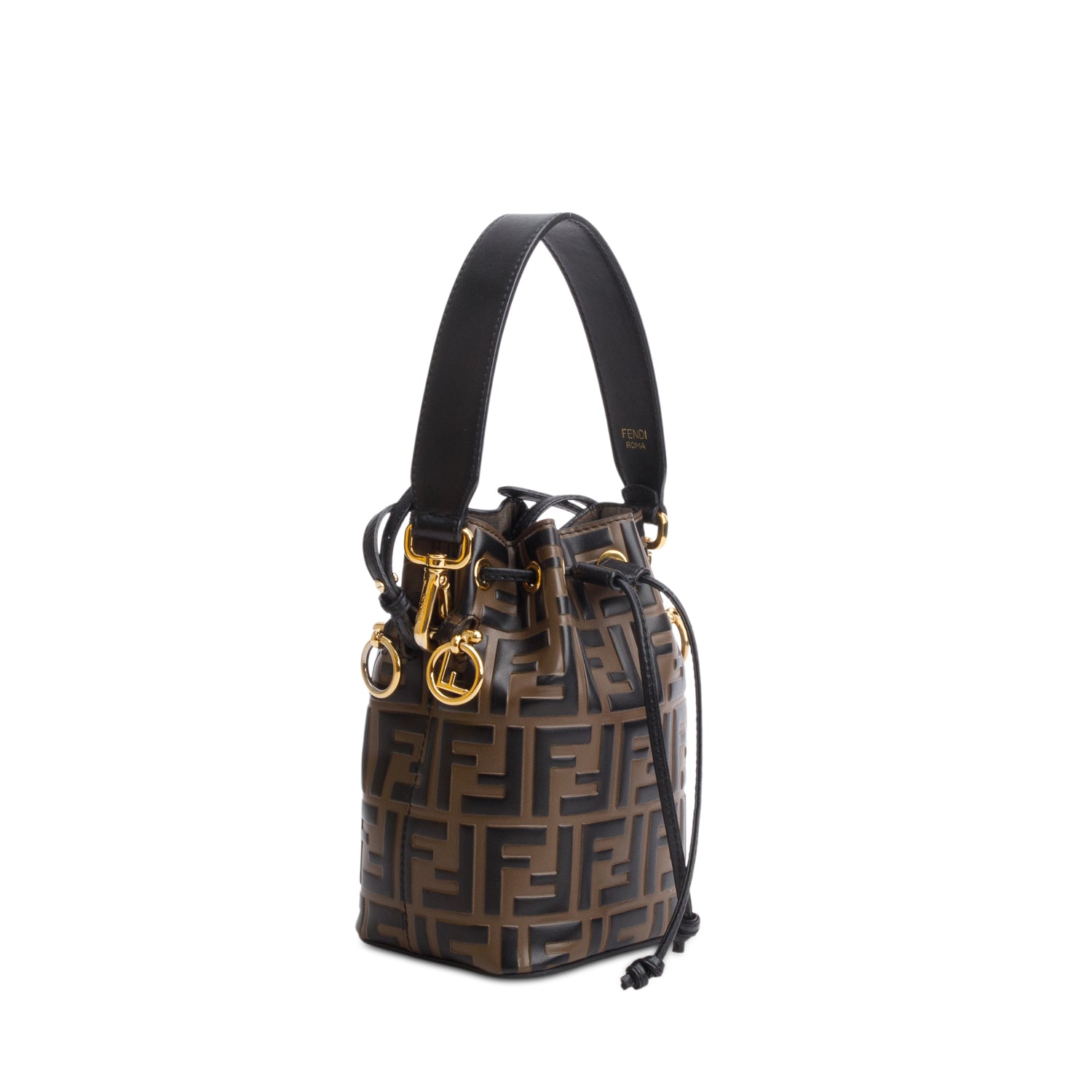 Fendi Brown/Black Vitello Liberty F is Fendi FF 1974 Embossed Mini Mon Tresor Bucket Bag w/ Box & Straps