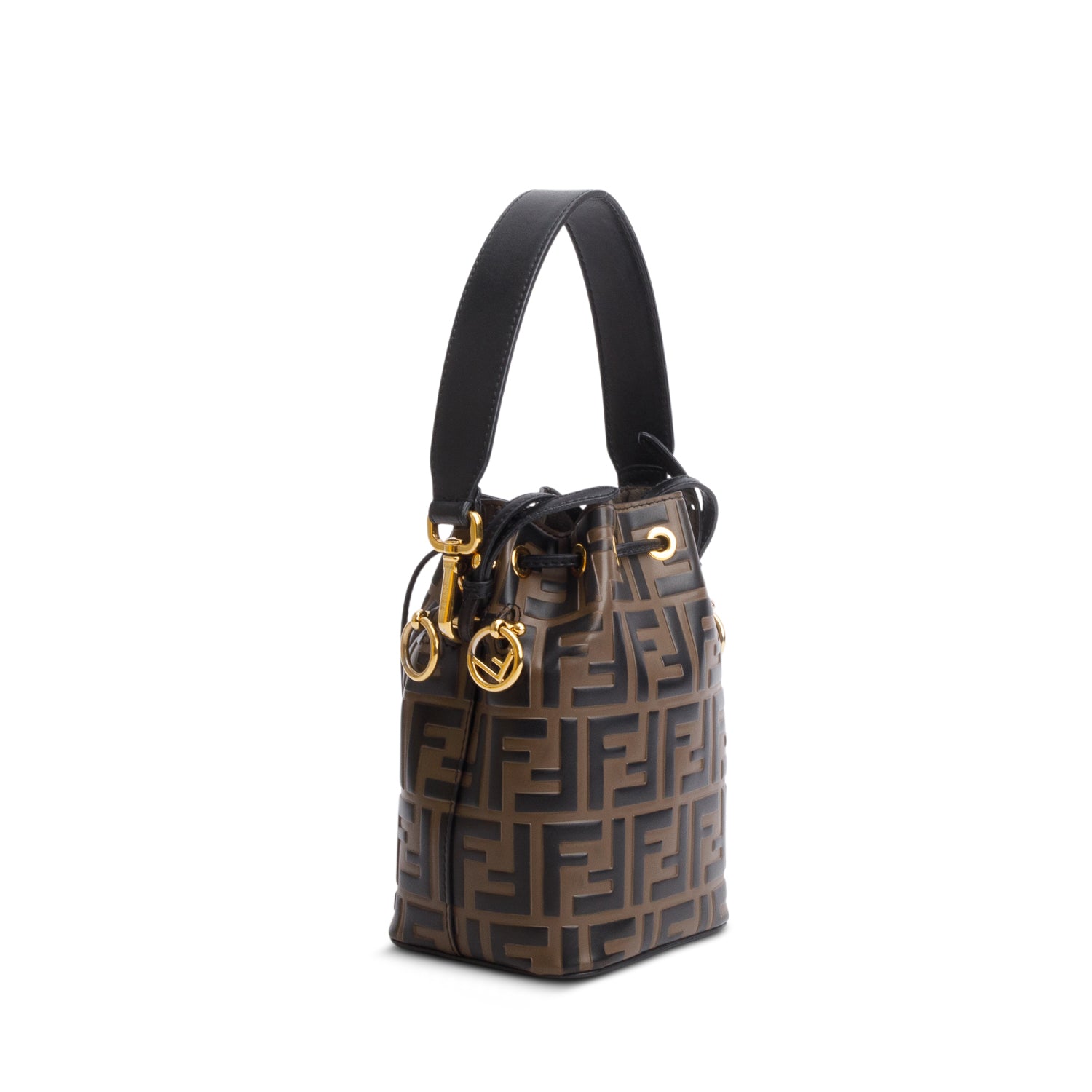Fendi Brown/Black Vitello Liberty F is Fendi FF 1974 Embossed Mini Mon Tresor Bucket Bag w/ Box & Straps