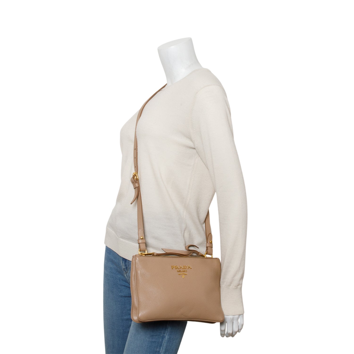 Prada Brown Vitello Daino Double Zip Crossbody Bag w/ Authenticity Card