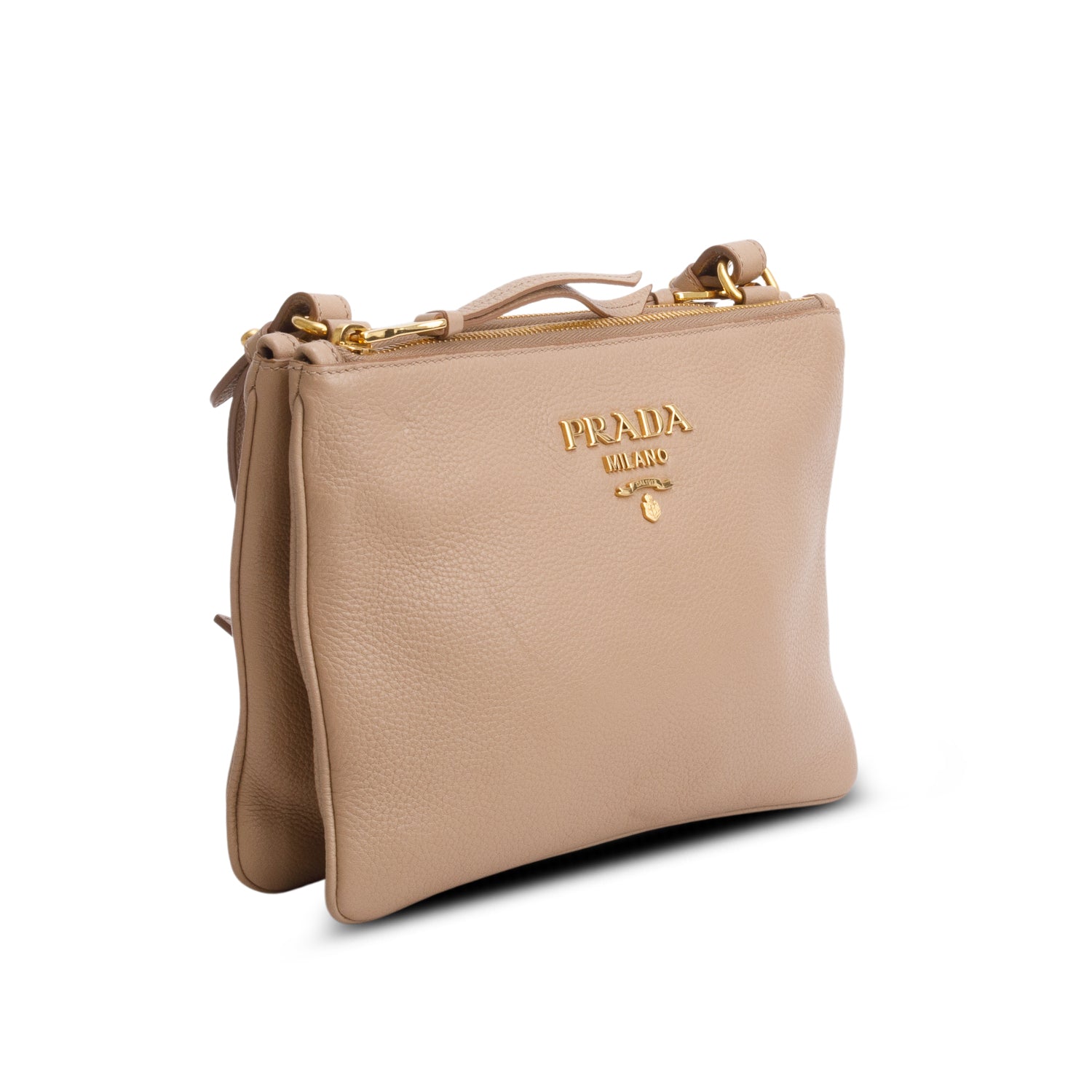 Prada Brown Vitello Daino Double Zip Crossbody Bag w/ Authenticity Card