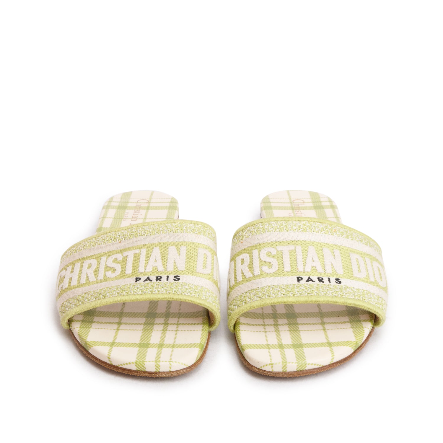 Christian Dior 2021 Green Canvas Check'N'Dior Pop Embroidered Dway Flat Slide Sandals, Women's Size 36.5 w/ Box