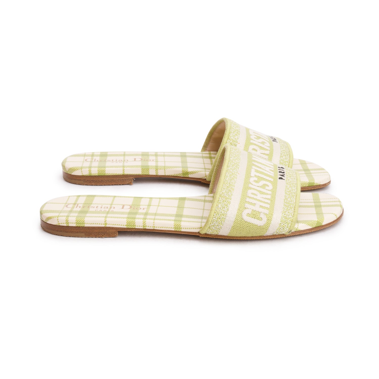 Christian Dior 2021 Green Canvas Check'N'Dior Pop Embroidered Dway Flat Slide Sandals, Women's Size 36.5 w/ Box